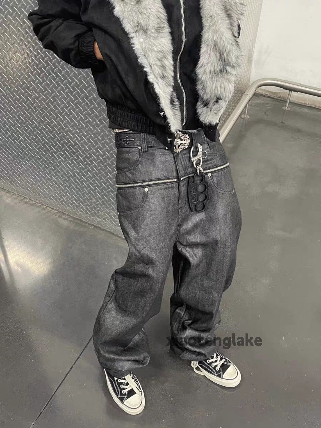 Custom wax coated patchwork double waist stack jeans