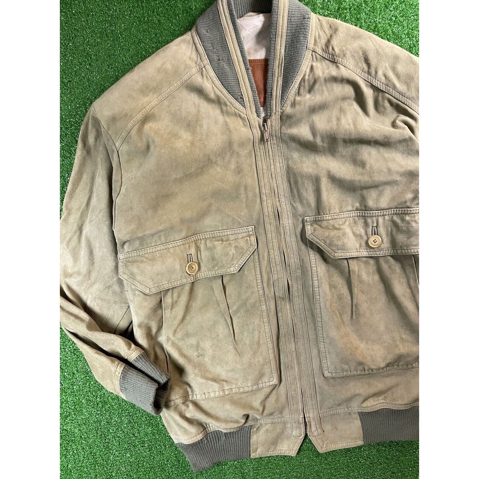Vintage 80s Italian Suede Leather Green Medium Bomber Jacket
