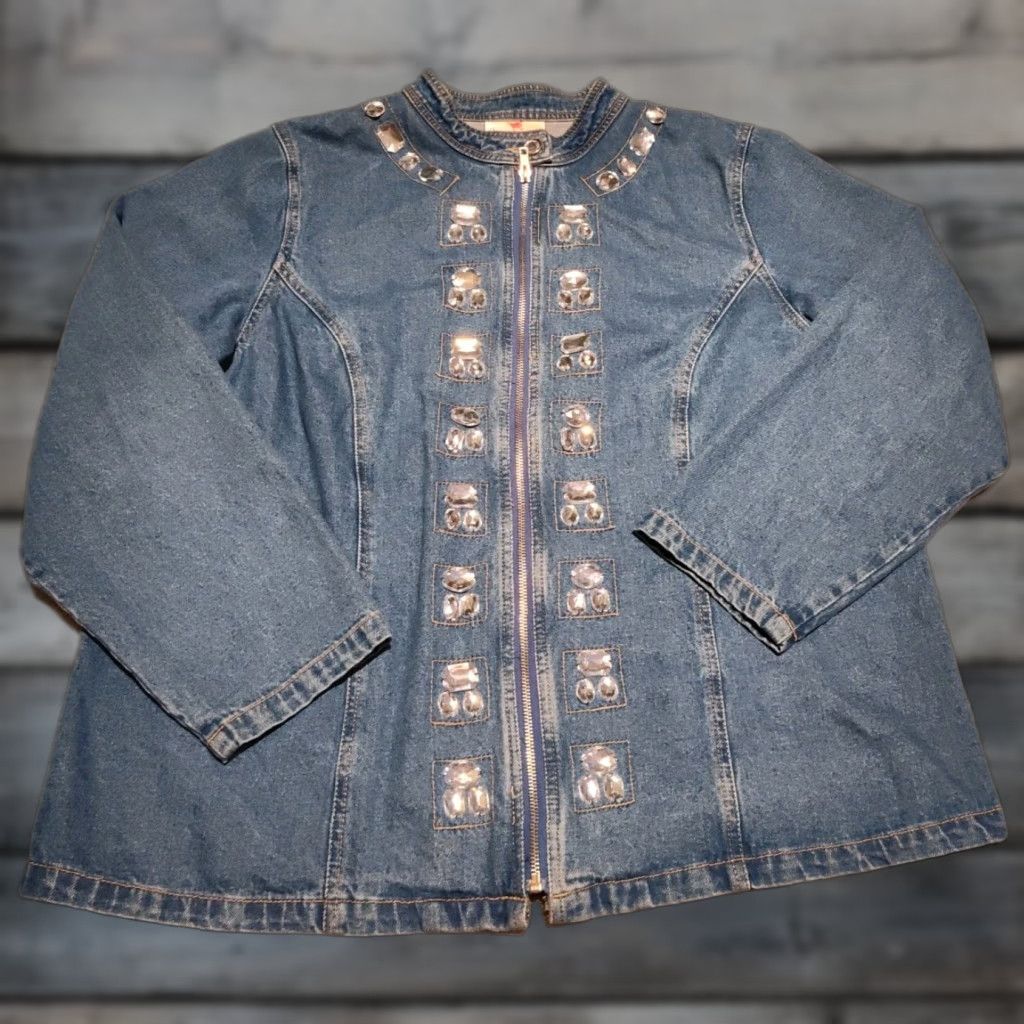 Quacker Factory VINTAGE Quacker Factory Denim Jacket Womens 1X Embellished Rhinestones Casual Bohemian Art Cotton Blue Size XL / US 12-14 / IT 48-50 - 1 Thumbnail