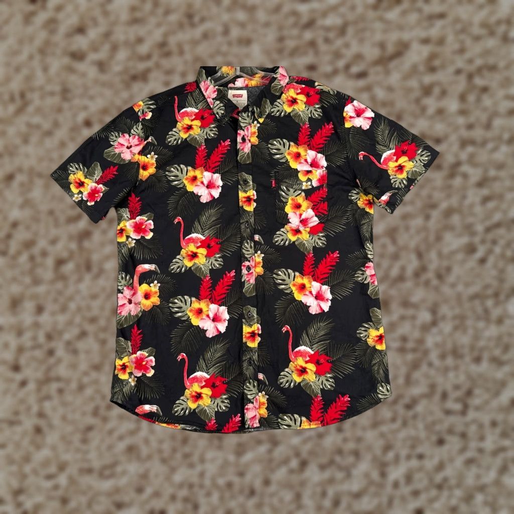 Levi's VINTAGE Levis Shirt Mens Extra Large Black Flamingo Floral Palm Leaf Hawaiian Vacation Size US XXL / EU 58 / 5 - 1 Thumbnail