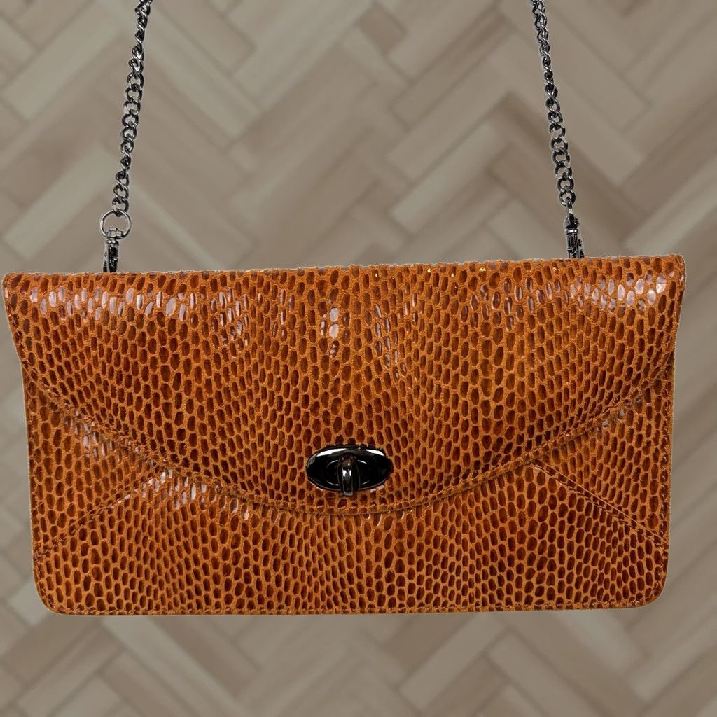 Vintage Sorial Crossbody Bag Purse Leather Snake Print Orange Envelope Chain Handle Shoulder Bag Women Large Size ONE SIZE - 1 Thumbnail