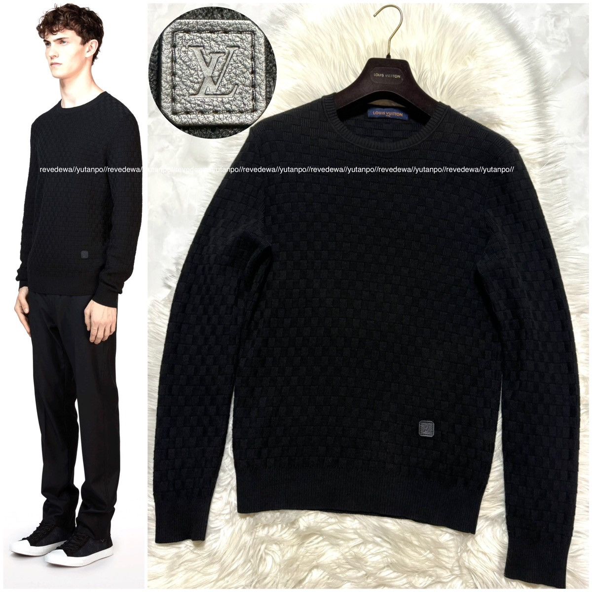 image of Louis Vuitton Lv Leather Patch Damier Knit Sweater S Black, Men's (Size Small)