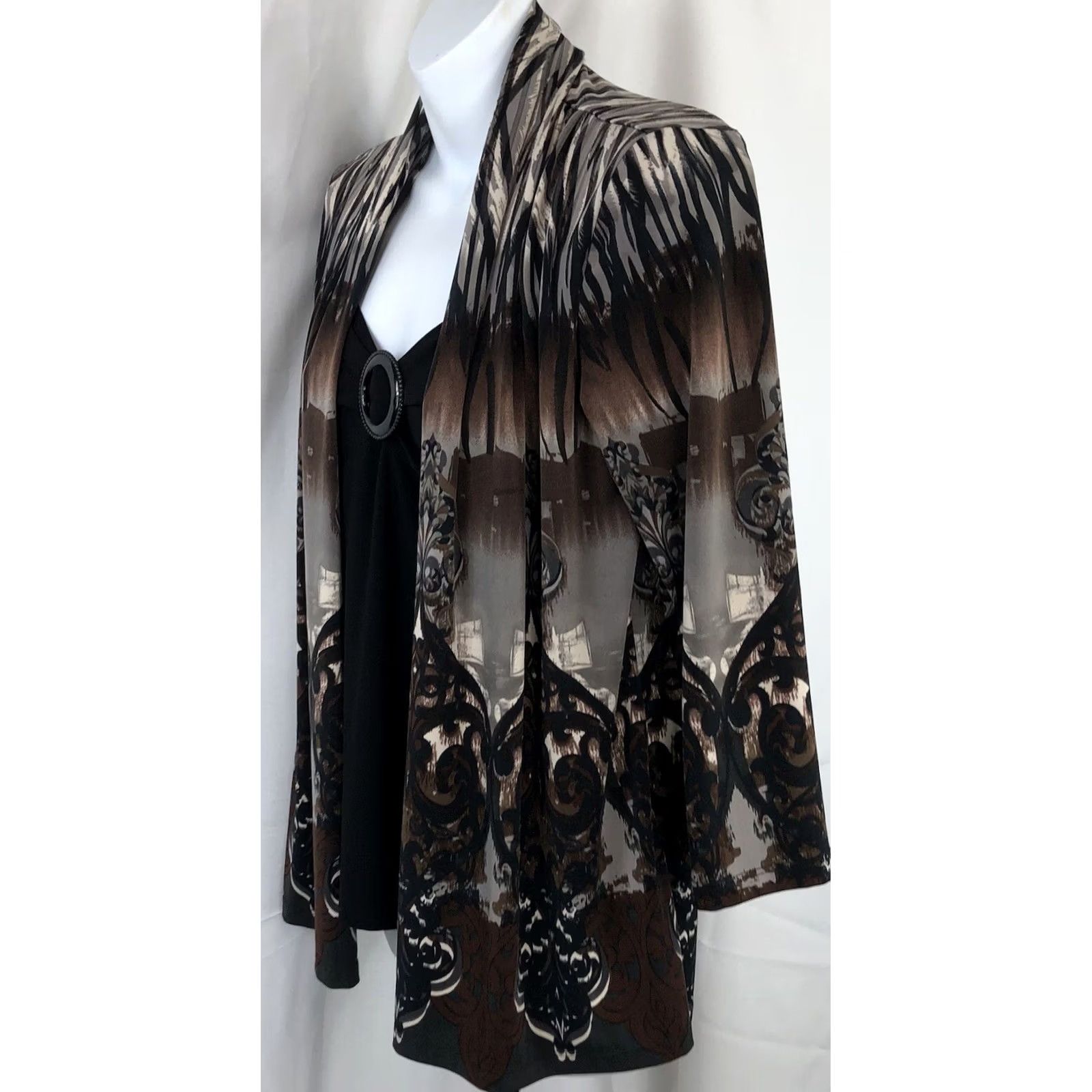 Vintage Notations Combo Cardigan Knit Top S Brown Gray Geo Open empire 3/4 Sleeve office Shirt Women Adult XS-? Size S / US 4 / IT 40 - 2 Thumbnail
