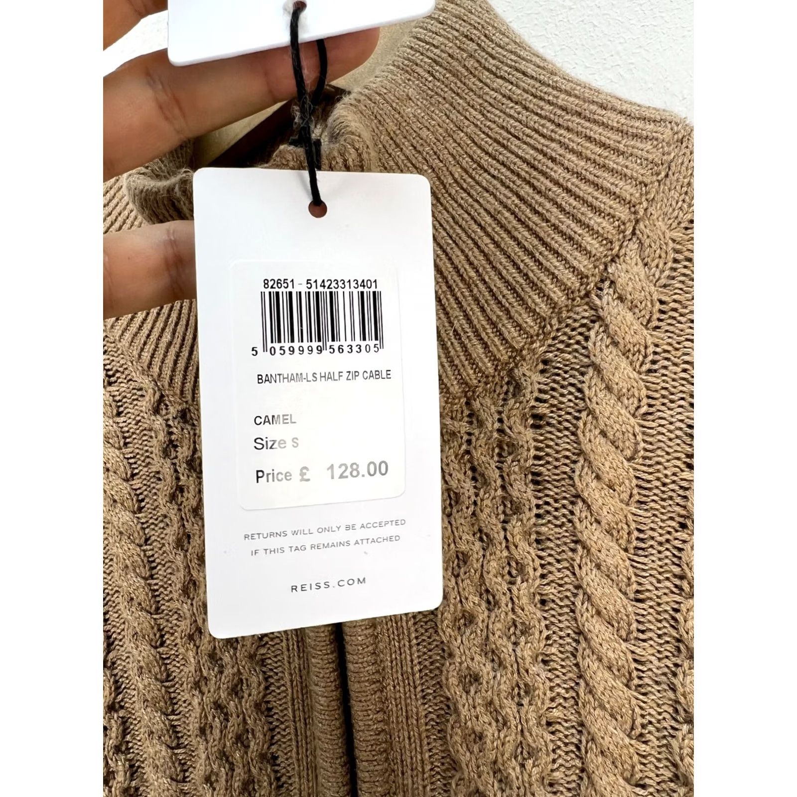 Reiss Reiss Bantham Half Zip Cable Knit Sweater S Mens Camel Pullover Knit Wool Wool Blend Wool 2020s Size US S / EU 44-46 / 1 - 4 Thumbnail