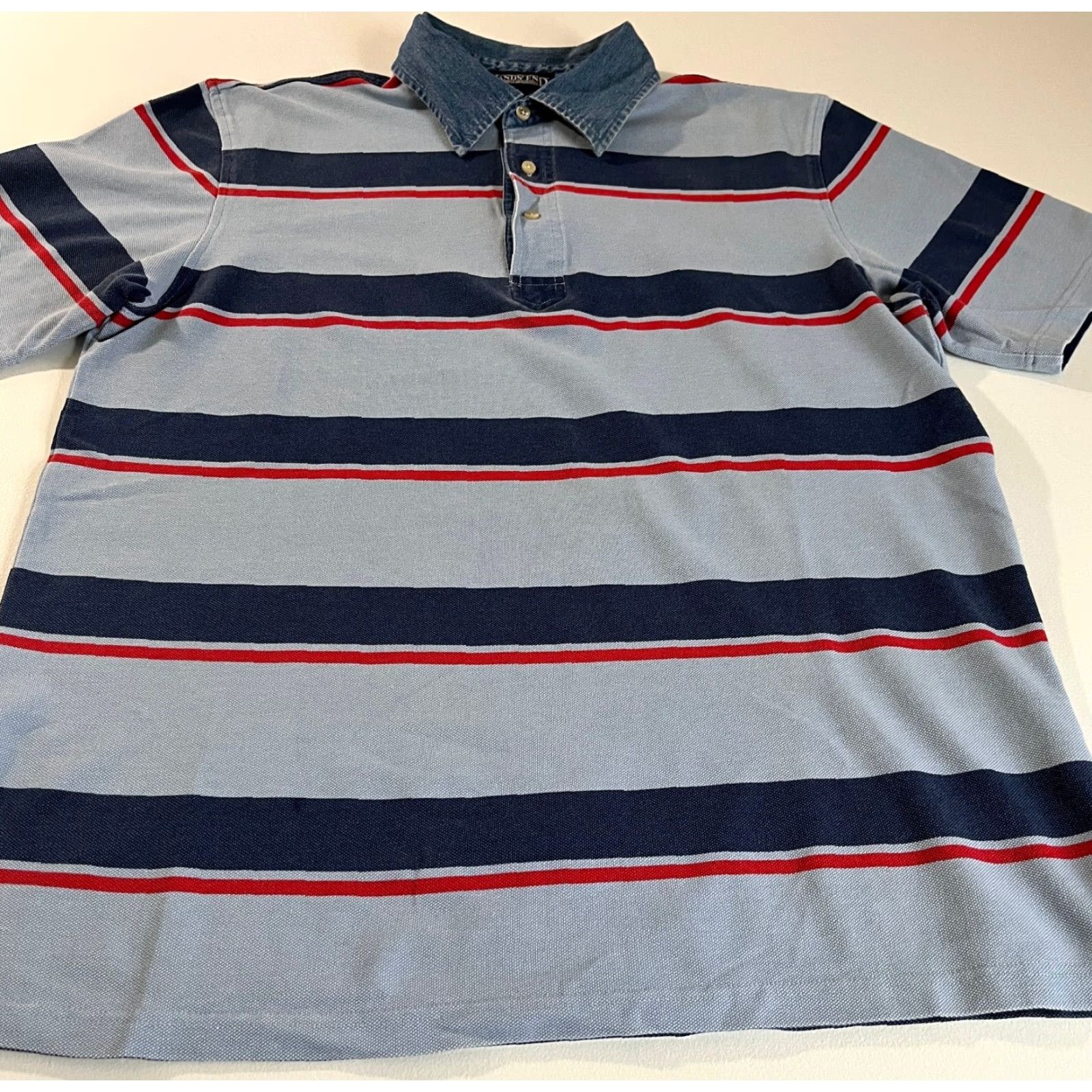 Lands' End Lands' End Polo Shirt Striped Denim Collar Sz L Men’s Short Sleeve Multicolor Cotton Polo Size US L / EU 52-54 / 3 - 4 Thumbnail