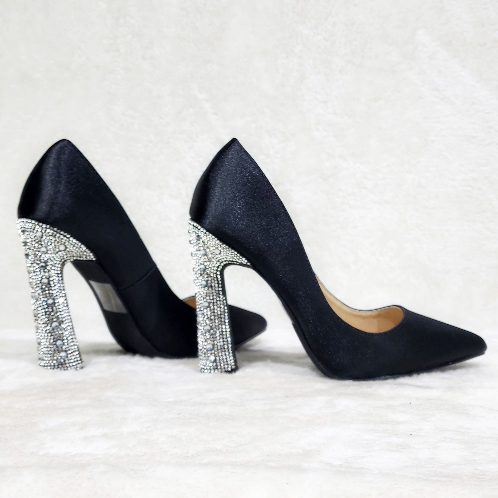 Other Klume Black Satin Pumps Chunky Rhinestone High Heel Evening Size US 7.5 / IT 37.5 - 1 Thumbnail