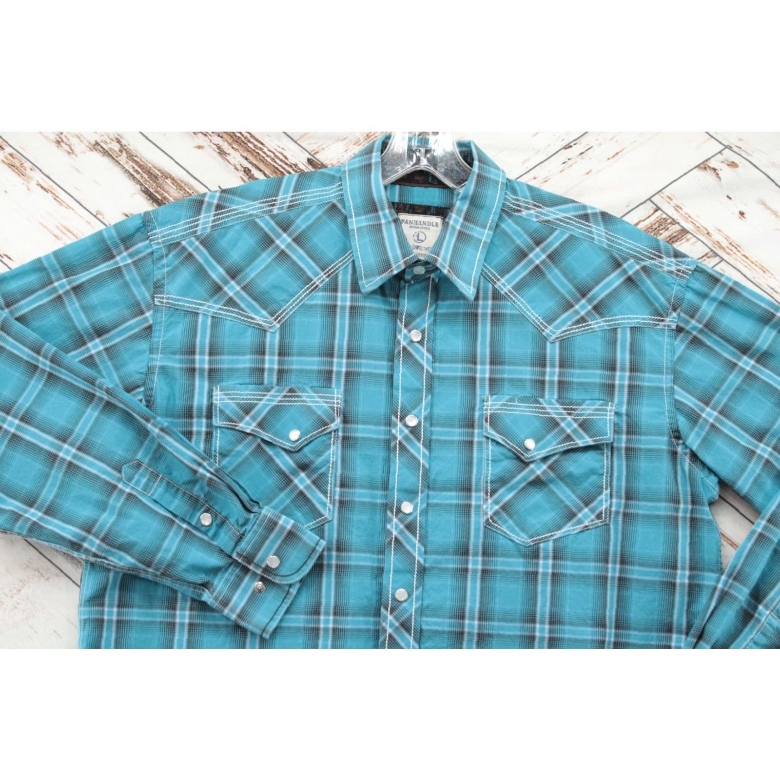 Vintage Panhandle Rough Stock Shirt Men's L Turquoise Plaid Flip Cuff Western Pearl Snap Shirt Size US L / EU 52-54 / 3 - 2 Thumbnail