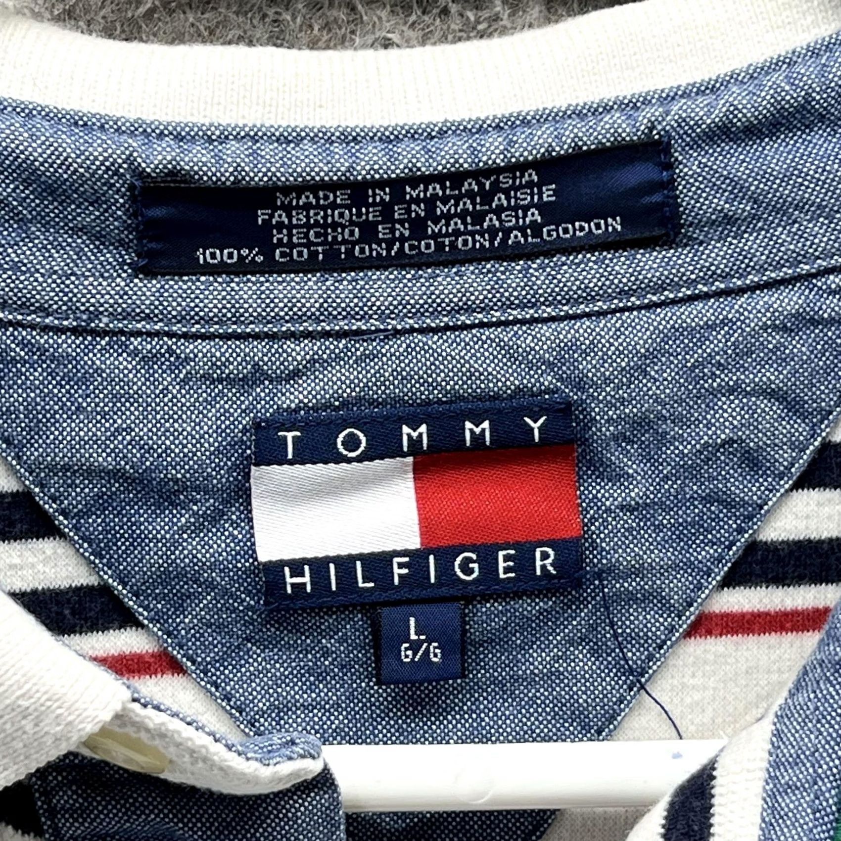 Tommy Hilfiger Tommy Hilfiger Polo Shirt Mens L White Stripe Chambray Collar Short Sleeve Size US L / EU 52-54 / 3 - 5 Thumbnail