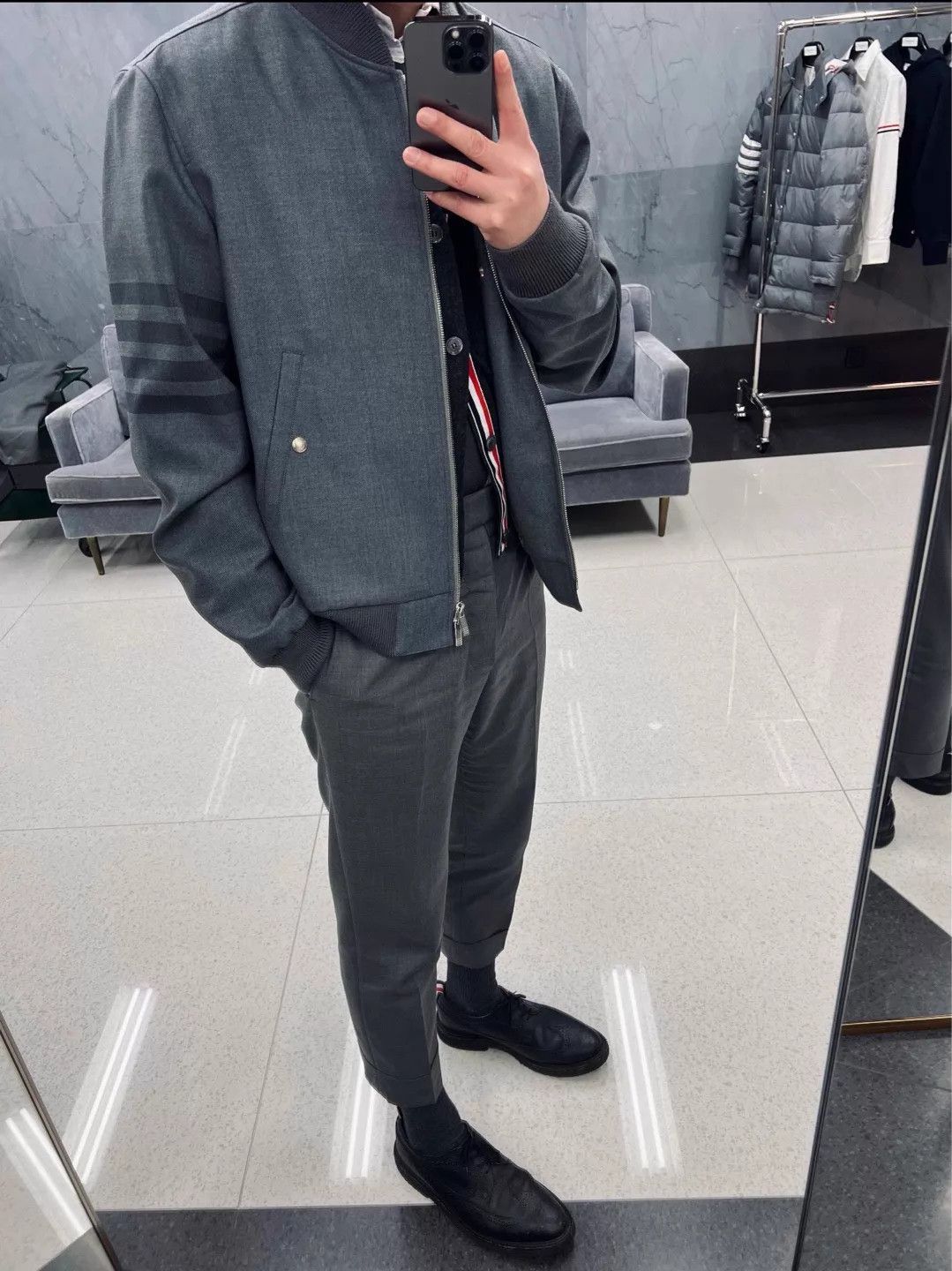 Thom Browne Thom Browne Classic Flight Jacket Dark Gray 4-Bar Stripe Size US L / EU 52-54 / 3 - 7 Thumbnail