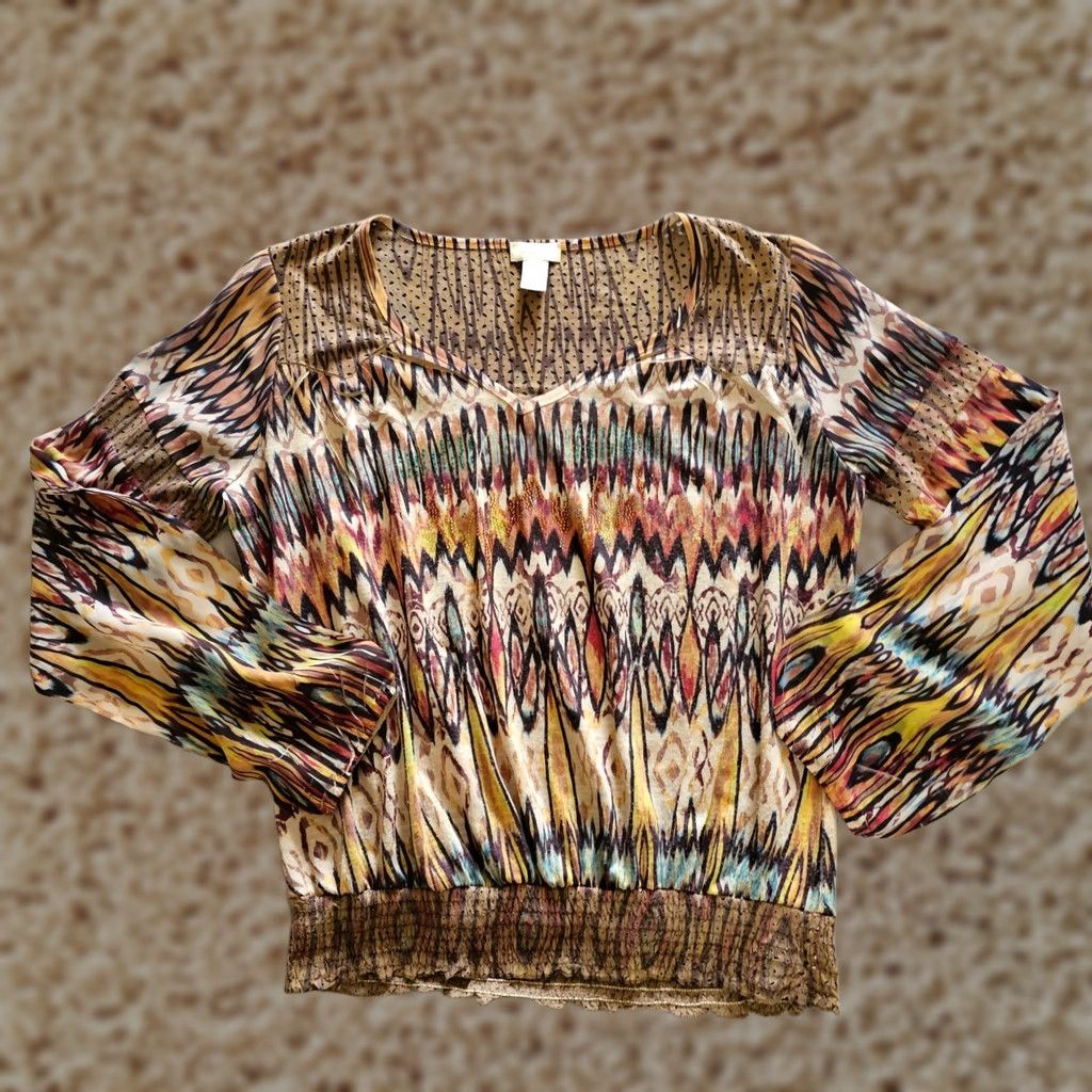 Vintage Chicos Top Shirt Womens Small Brown Tan Rhinestones V Neck Southwest Casual Shirt Size S / US 4 / IT 40 - 1 Thumbnail