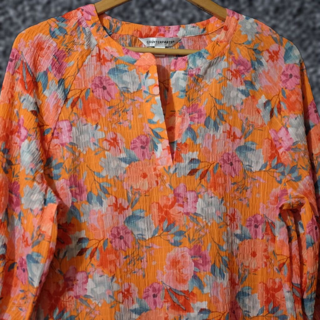 Vintage Counterparts Orange Floral Blouse 3/4 Sleeve Sheer Crinkle V-Neck Womens S Blouse Size S / US 4 / IT 40 - 1 Thumbnail