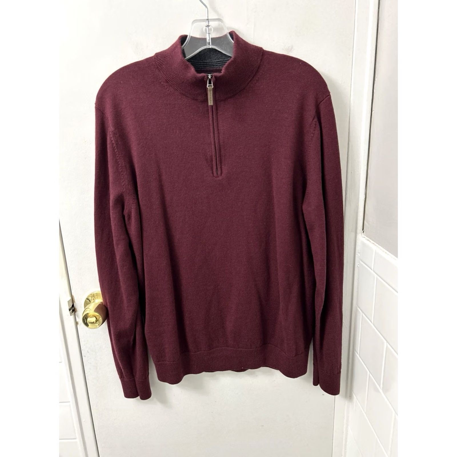 Nordstrom Nordstrom Mens XL Burgundy 100% Italian Merino Wool 1/4 Zip Sweater Pullover L/S Mock Neck Regular Fit Dry Clean Only Size US XL / EU 56 / 4 - 2 Thumbnail