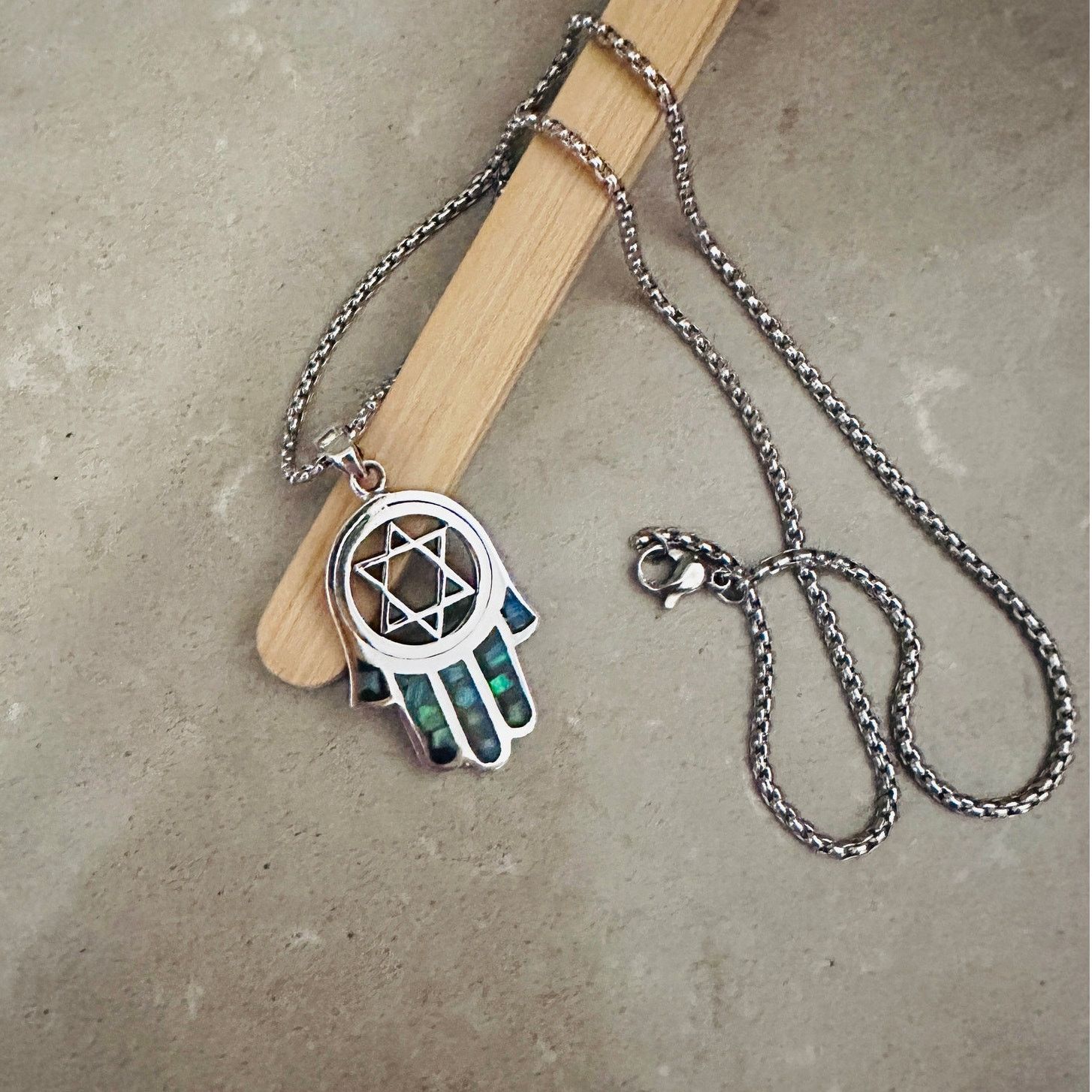 The Unbranded Brand Sterling Silver Hamsa Pendant with Lab Opal & Star of David Size ONE SIZE - 2 Thumbnail