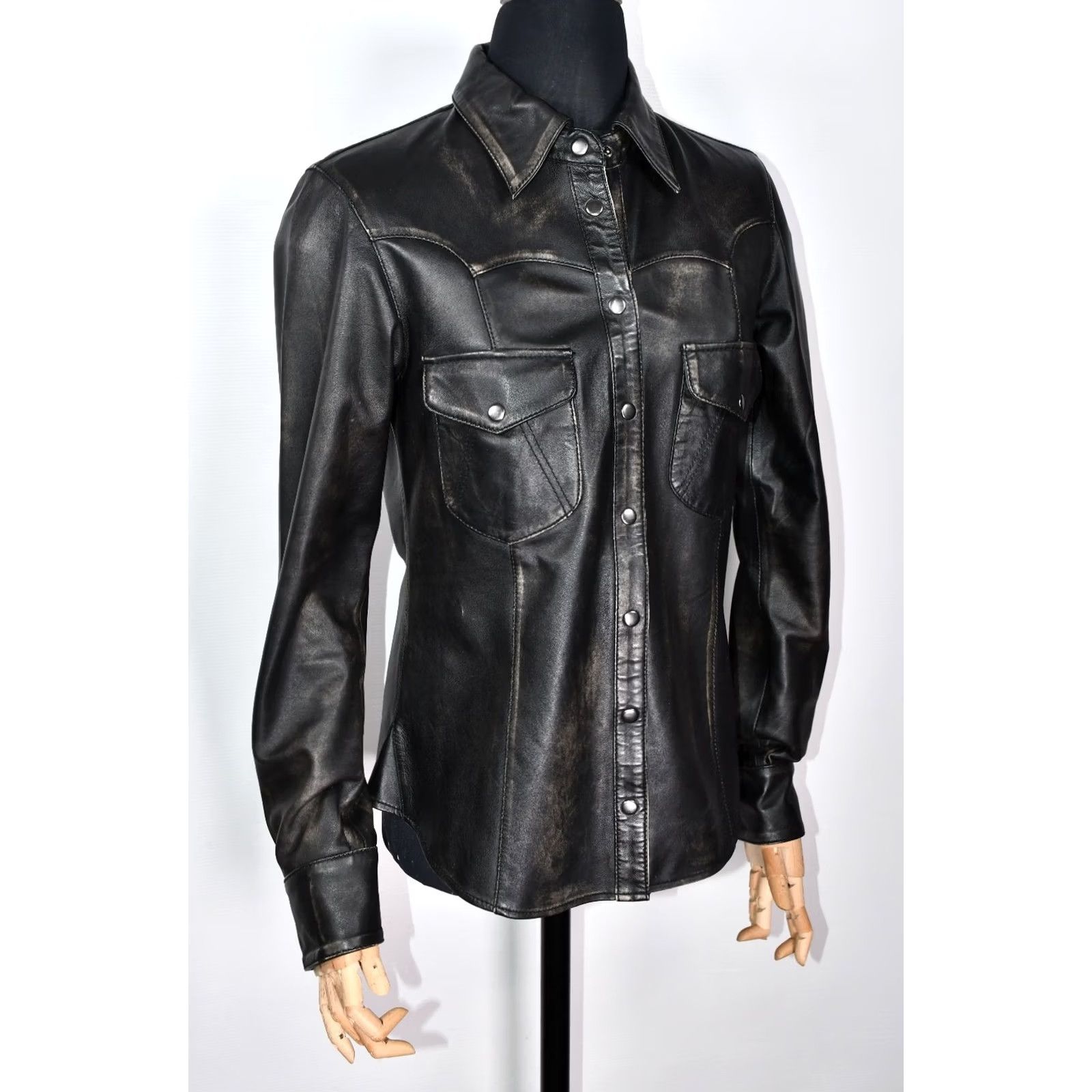 Vintage One Teaspoon Shirt M Black Leather Western Snap Chest 48 cm Length Back 66 cm 25.98 inch Womens Boys Mens Size M / US 6-8 / IT 42-44 - 4 Thumbnail