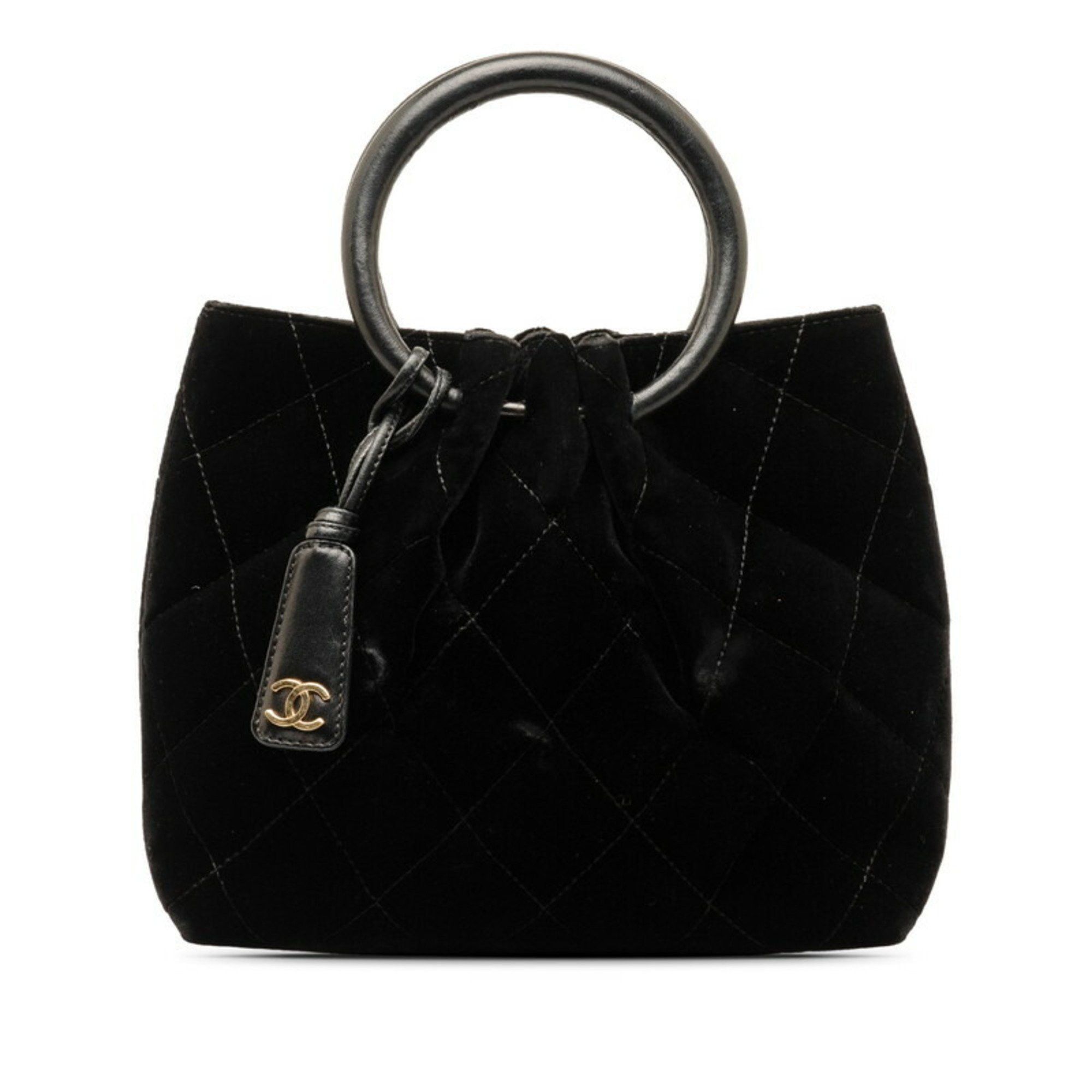 image of Chanel Matelasse Circle Handle Handbag Black Velour Leather Women's Chanel