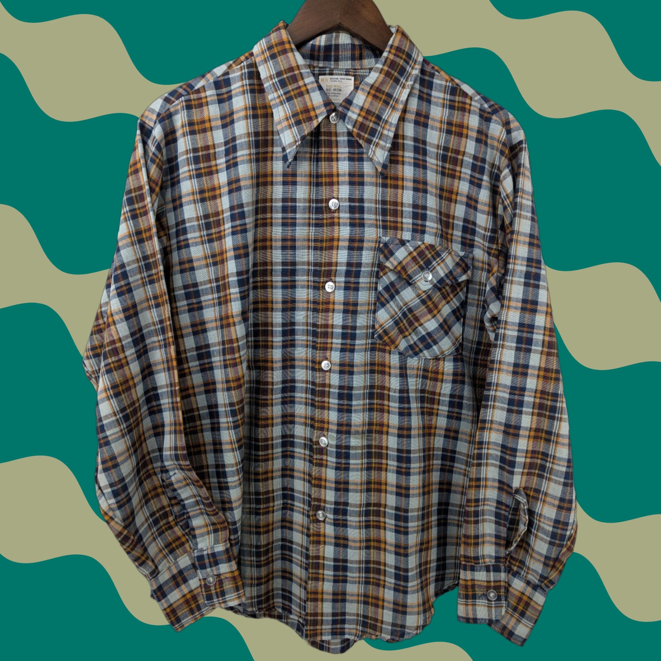 JCPenney VINTAGE Big Mac Shirt Mens M Navy Brown Plaid Button Front 70s Size US M / EU 48-50 / 2 - 1 Thumbnail