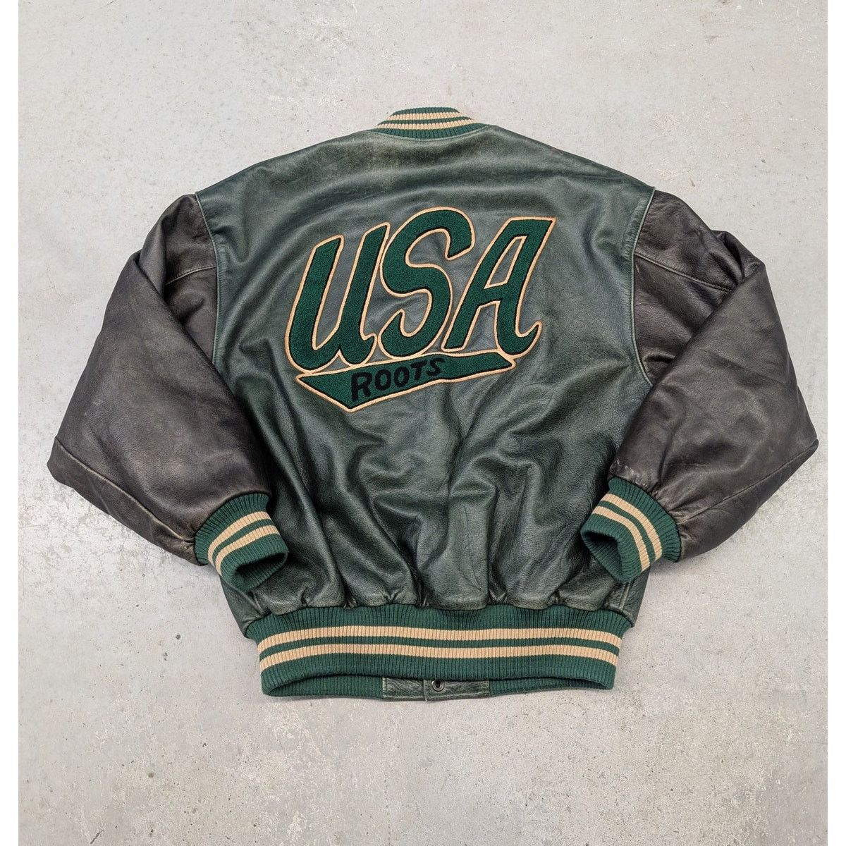 Rare Vintage Roots Sporting Goods USA Green Leather Jacket