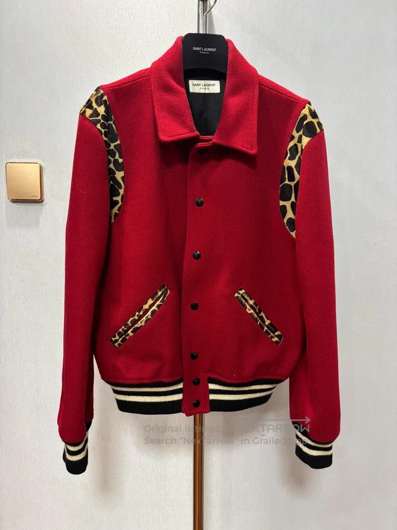 Saint Laurent Paris Red Leopard Print Baseball Jacket