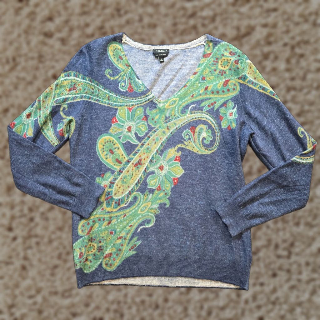 Talbots Talbots Sweater Womens Medium Blue Green Paisley Merino Wool Career Top Shirt M Womens Pullover V-Neck Long Sleeve Fall Winter Business Workwear Size M / US 6-8 / IT 42-44 - 1 Thumbnail