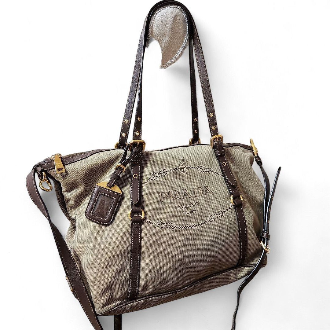 Prada Prada - Jacquard 2way Handbag Beige Brown Leather Size ONE SIZE - 9 Thumbnail