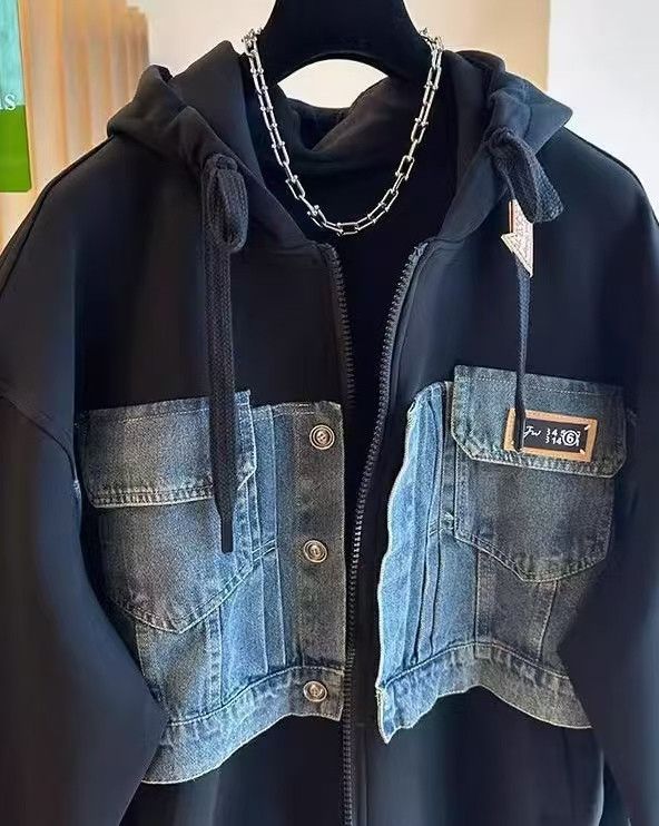 Vintage Oversized Black Hooded Jacket with Denim Patch Pockets Size US M / EU 48-50 / 2 - 2 Thumbnail