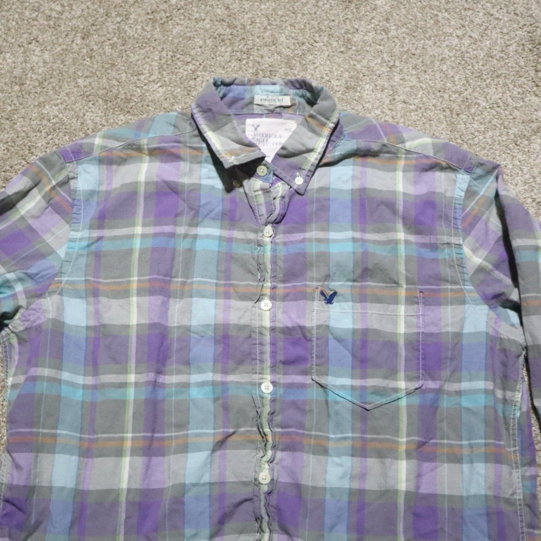 American Eagle Outfitters VINTAGE American Eagle Outfitters Shirt Men L Blue Plaid Button-Up Long Sleeve Wide Collar 90s Theme History Decade Mens Size US L / EU 52-54 / 3 - 2 Thumbnail