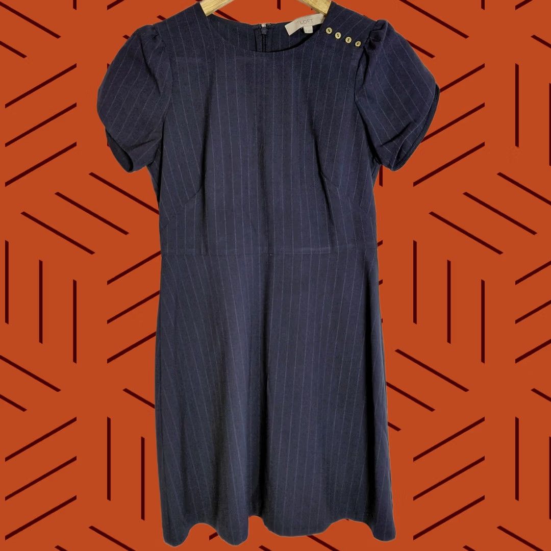 Vintage LOFT PETITES Dress Womens 2P Navy Petite Striped Knit Short Sleeve Women Size Size 26" / US 2 / IT 38 - 1 Thumbnail