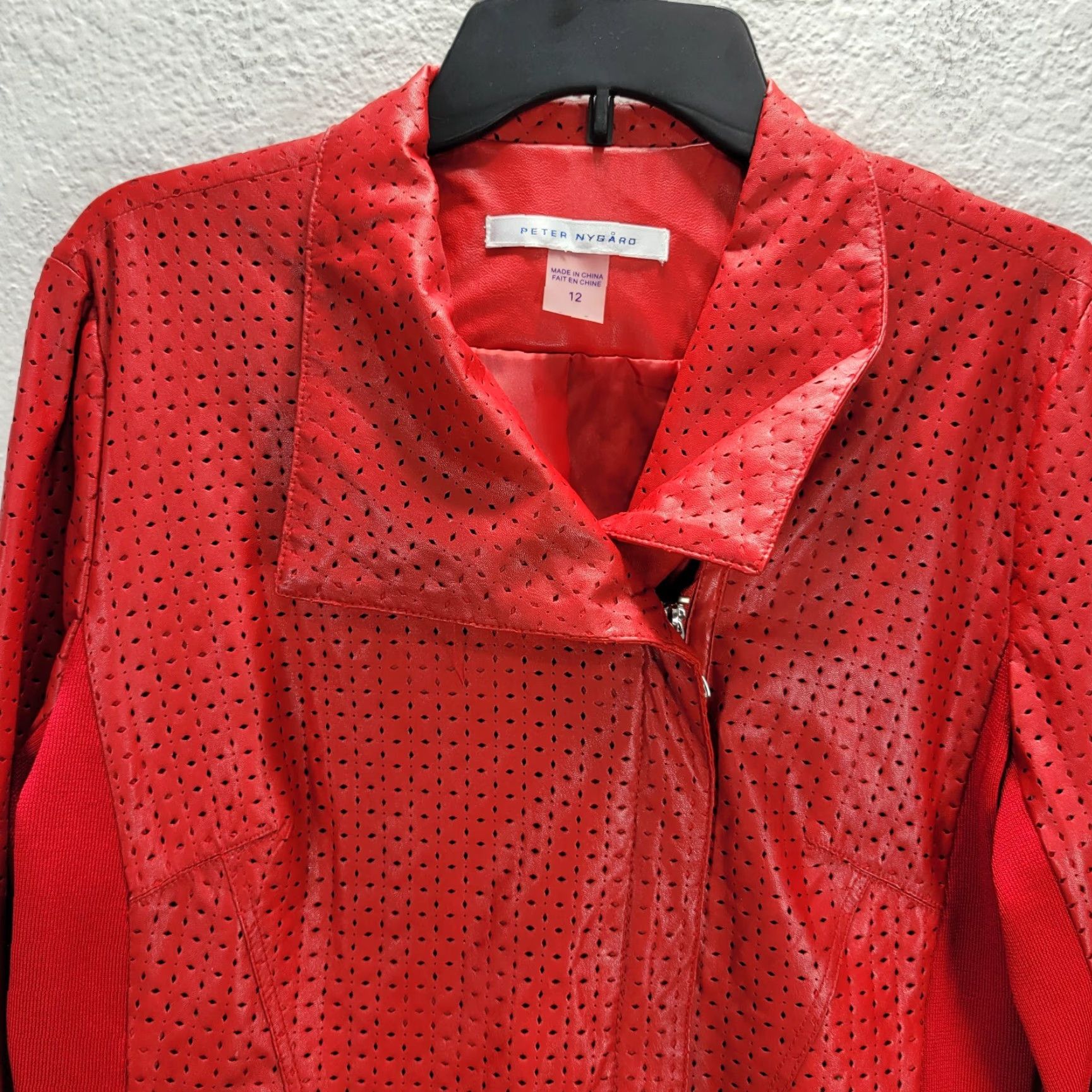 Vintage Peter Nygard Red Textured Cut Out Faux Leather Jacket Zip Up Knit Trim Sz 12 Ladies Shirt? Size XL / US 12-14 / IT 48-50 - 4 Thumbnail