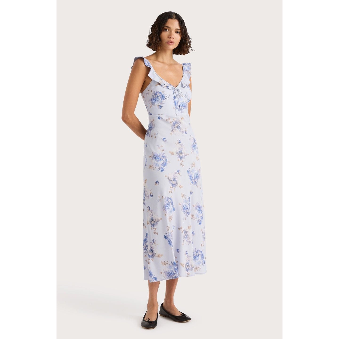 Anthropologie × FAITHFULL New Ruffle-Neck Floral Midi Dress $240 Size 6 Lilac Size M / US 6-8 / IT 42-44 - 8 Thumbnail