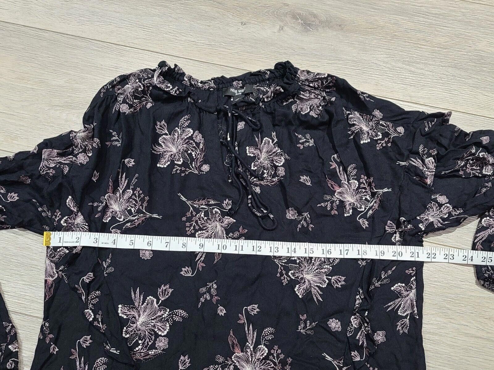 Designer Nine West Top large Boho Black Floral Blouse long sleeve Size L / US 10 / IT 46 - 4 Thumbnail