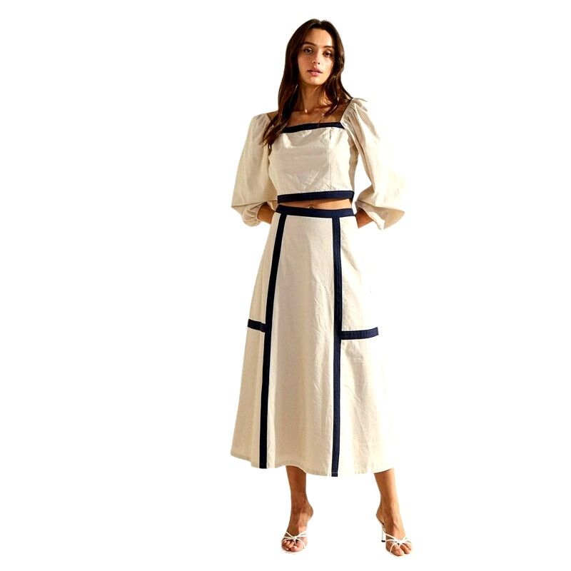 ABLE ABLE Sand Navy Contrast Trim Square Neck Top Midi Skirt Set Size 30" / US 8 / IT 44 - 5 Thumbnail
