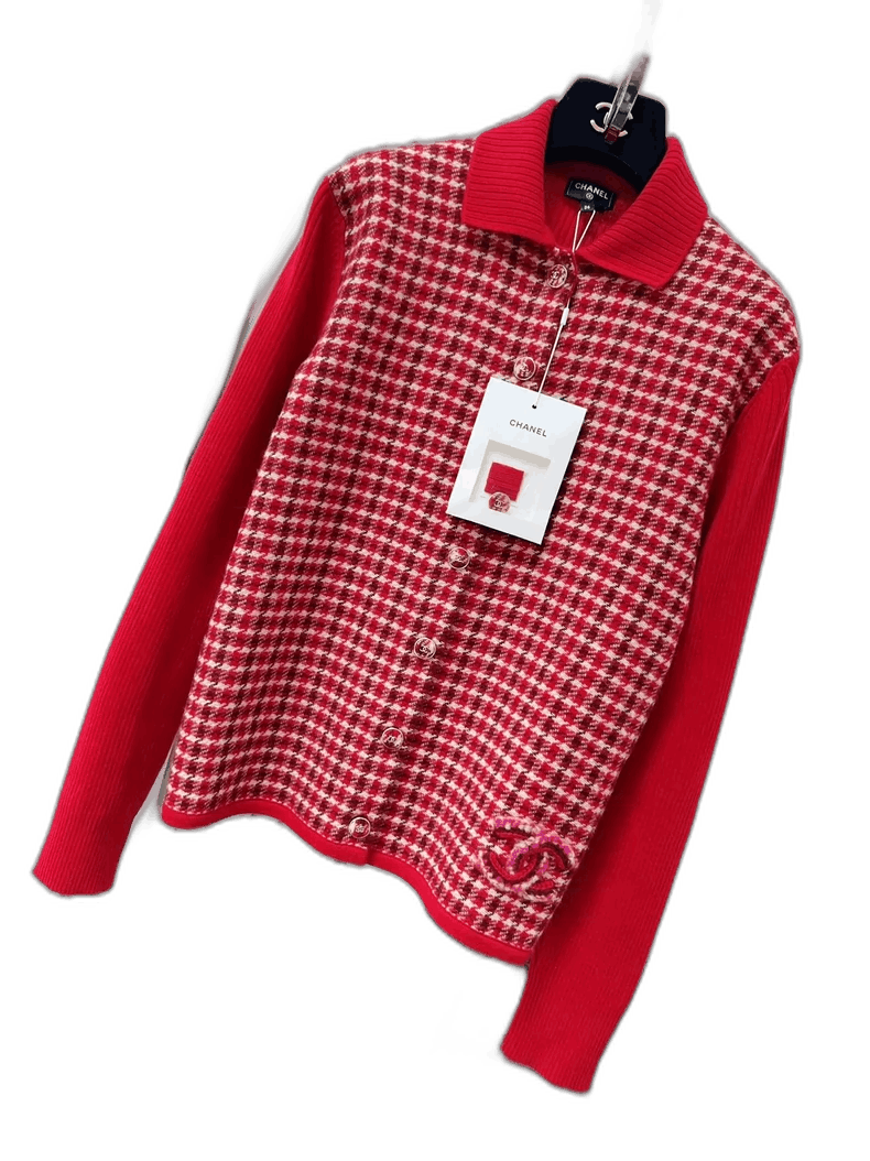 Chanel Red Check Sweater Jacket