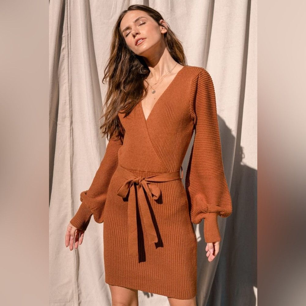 Lulus Lulu’s All For One Knit Balloon Sleeve Sweater Mini Dress W Size L / US 10 / IT 46 - 1 Thumbnail
