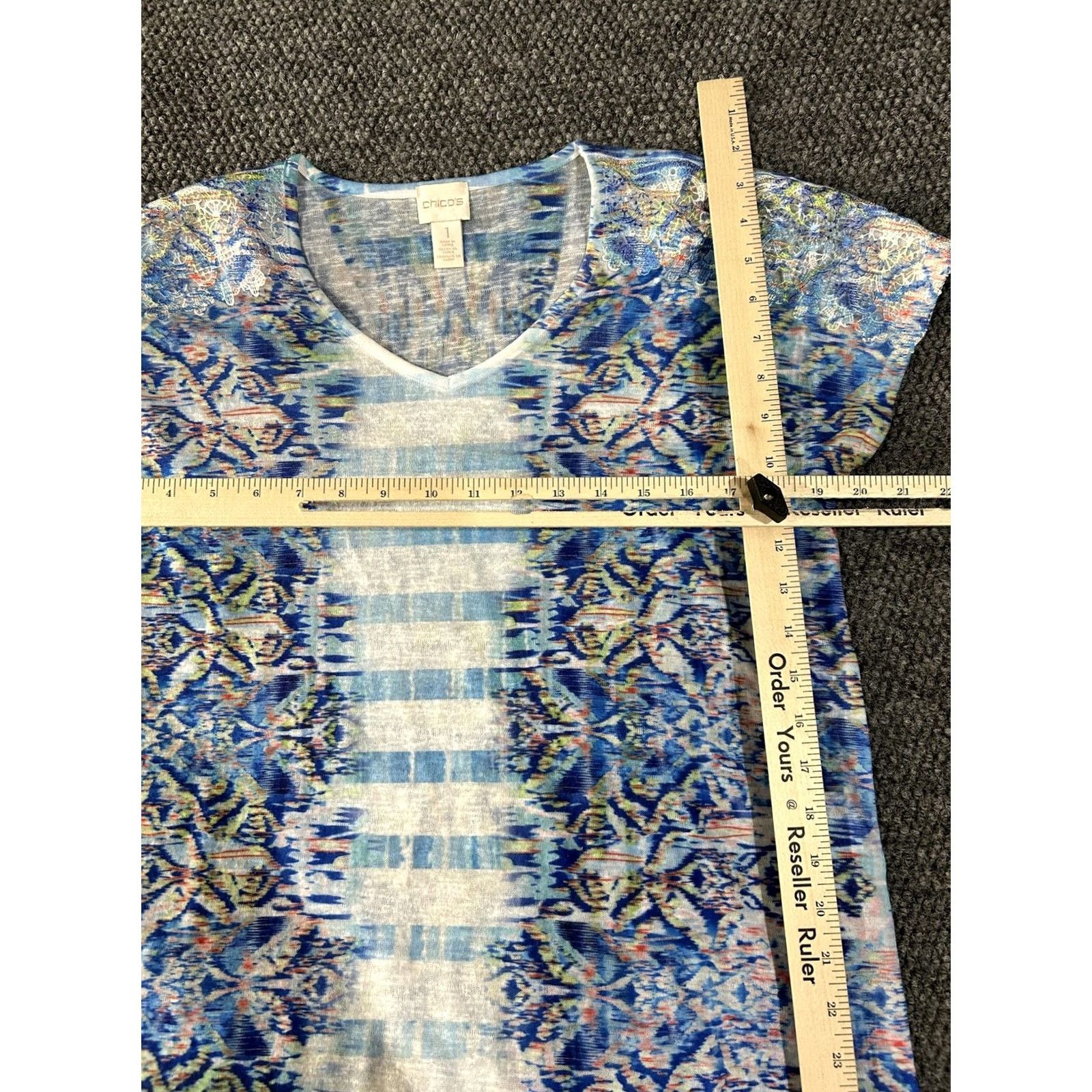 Vintage Chicos Shirt Womens 1 Blue Geometric Print V Neck Dolman Short Sleeve Top Boho Size XS / US 0-2 / IT 36-38 - 4 Thumbnail