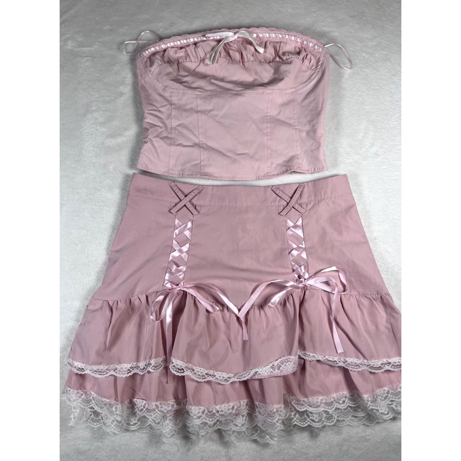 Garage Garage Skirt Set Womens Pink Lace Ruffle Bow Top Y2K Party Corset Cute Size L / US 10 / IT 46 - 3 Thumbnail