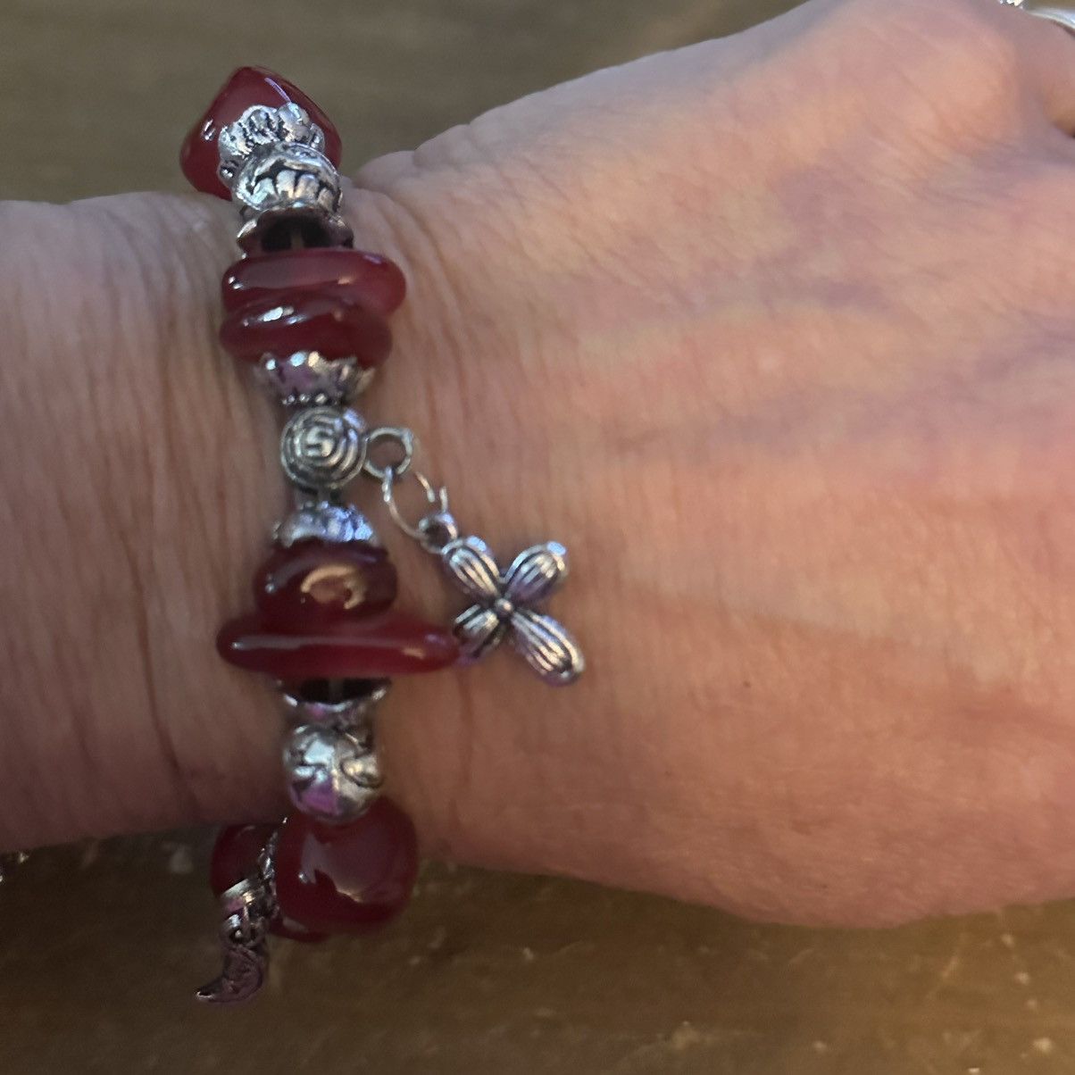 Other Silver tone and dark red beaded charm stretch bracelet Size ONE SIZE - 3 Thumbnail