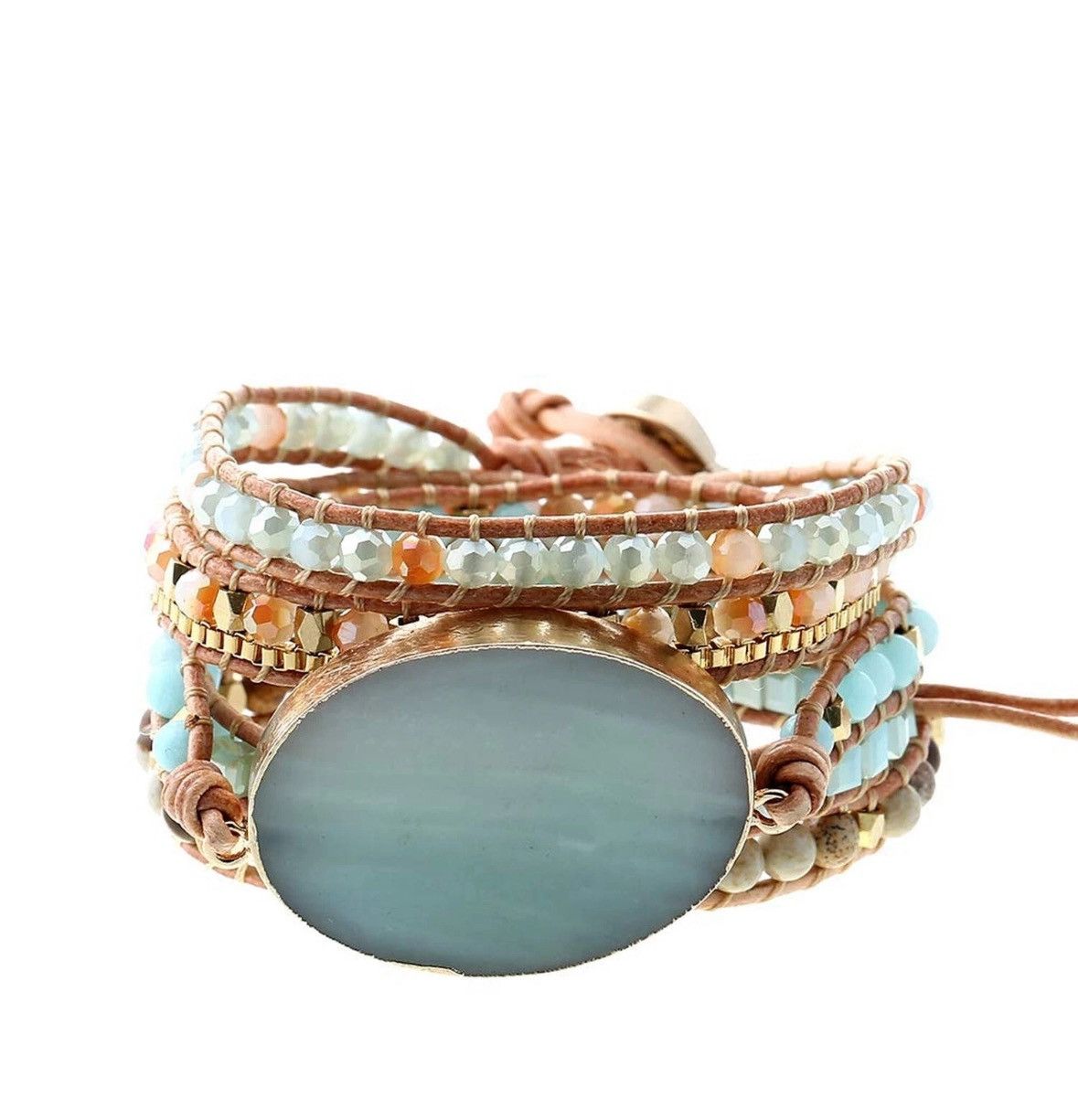 Other Boho Natural Stone Crystal Leather Bead Wrap Bracelet Size ONE SIZE - 1 Thumbnail