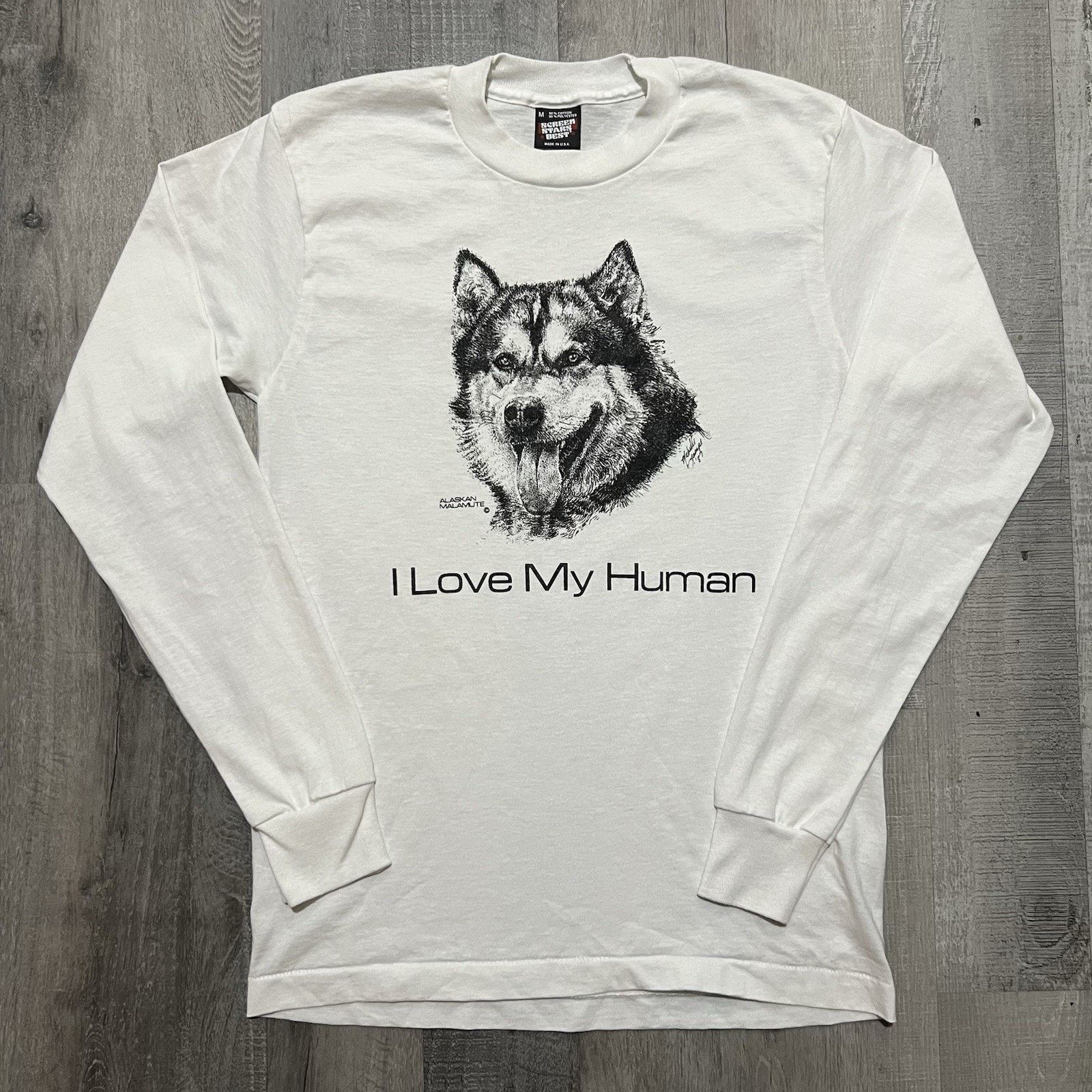 Vintage VTG Alaskan Malamute T Shirt White 90s "I Love My Human" Size M / US 6-8 / IT 42-44 - 1 Thumbnail