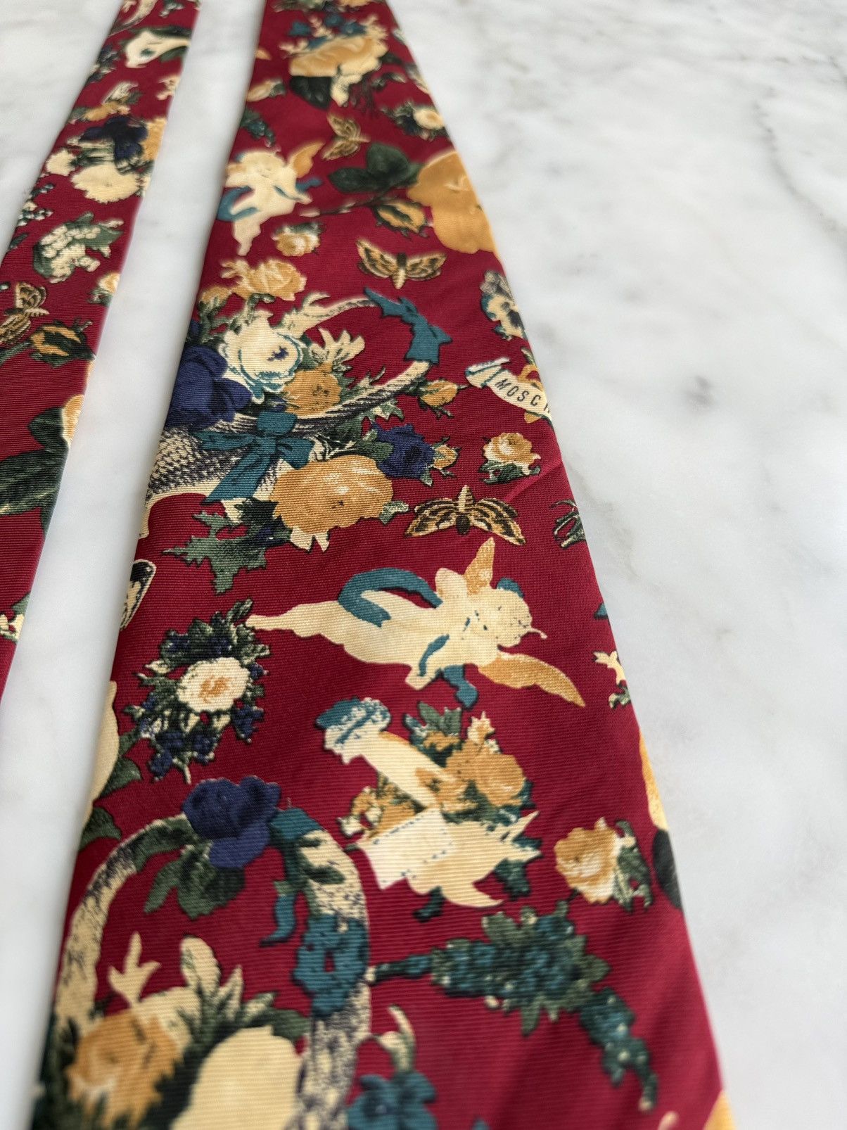 Moschino Vintage Moschino Burgundy Cherub Floral Silk Tie Couture Era Size ONE SIZE - 8 Thumbnail