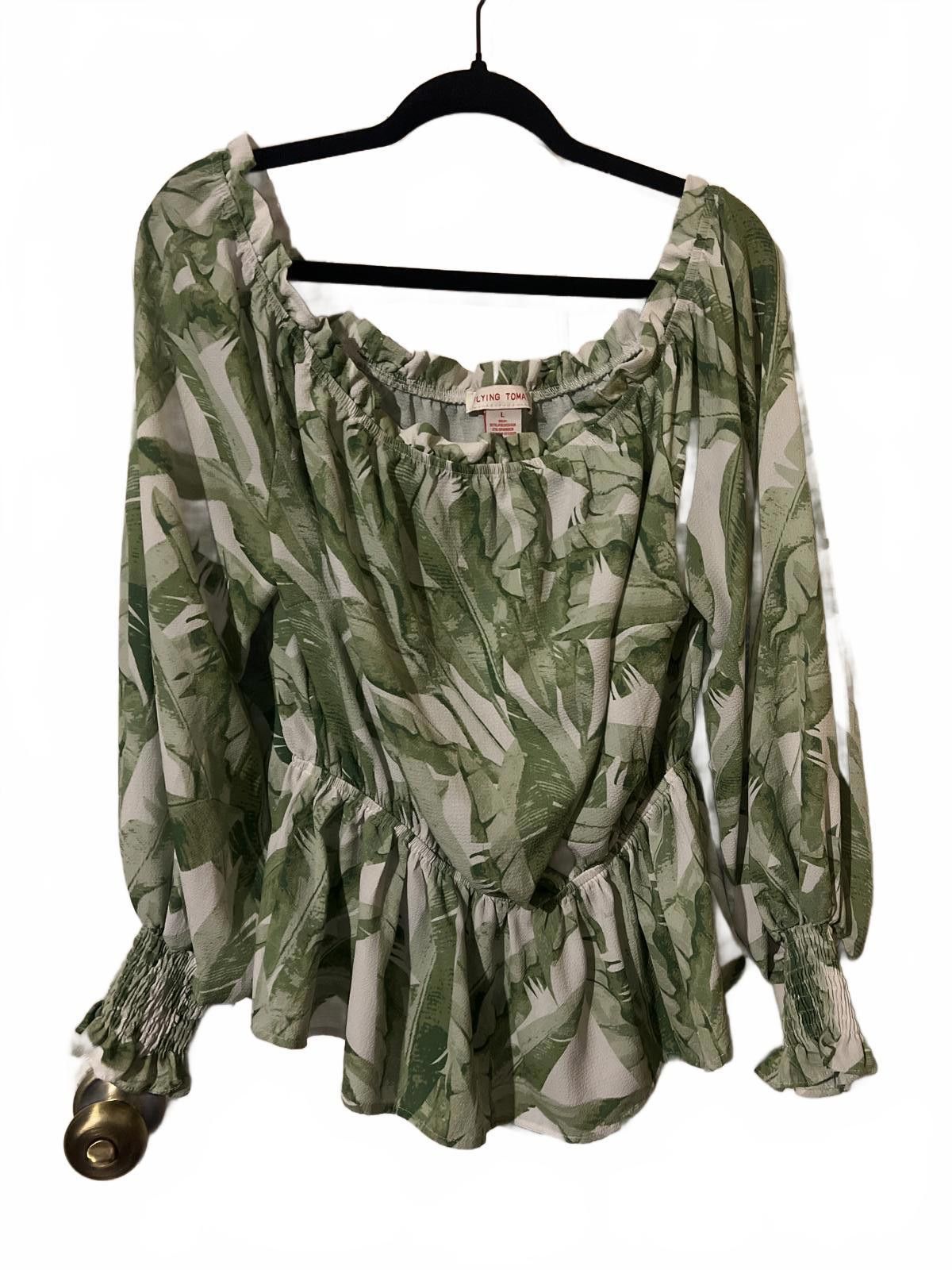 Other Flying Tomato Green Leaf Print Off-Shoulder Blouse, Size L Size L / US 10 / IT 46 - 3 Thumbnail