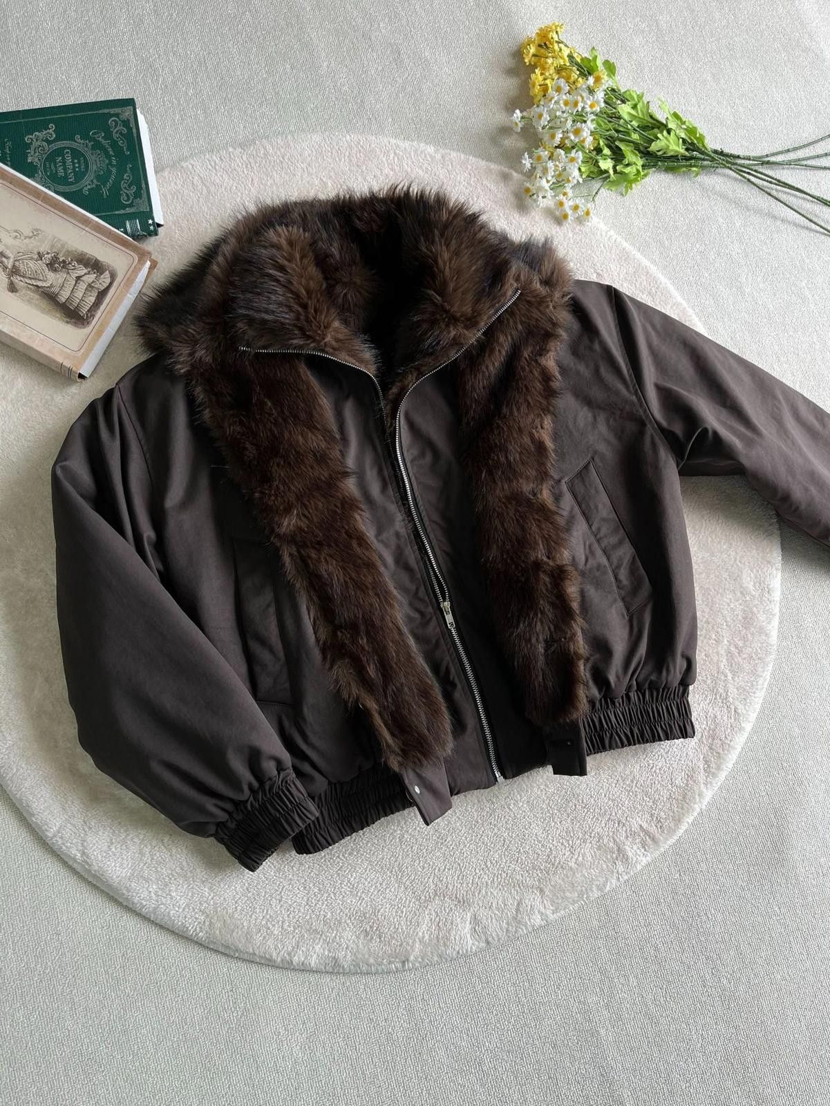 Vintage Black Faux Fur Collar Bomber Jacket, Winter Outerwear Size US M / EU 48-50 / 2 - 8 Thumbnail