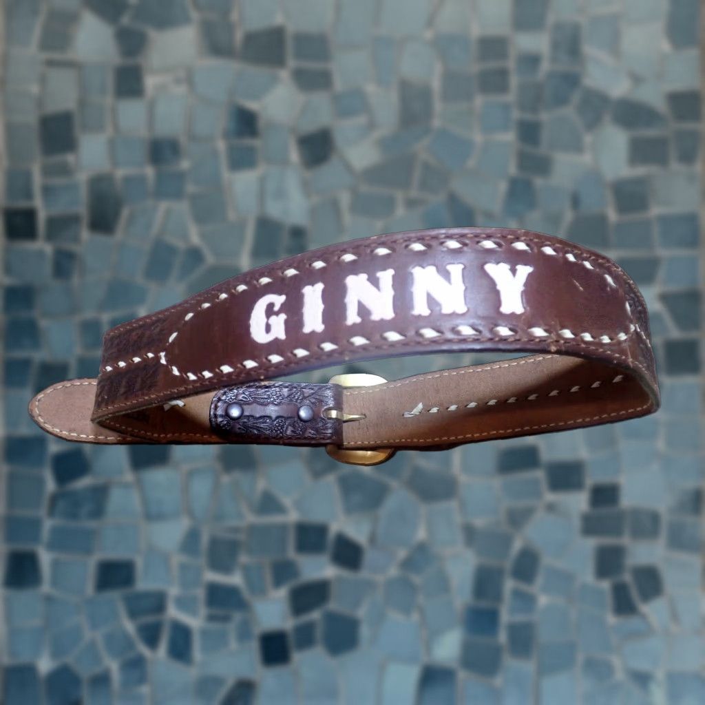 Vintage VINTAGE Bona Allen Belt GINNY Name 30 Brown Tooled Leather Western Belt Womens 70s 80s 90s USA Buckle Size ONE SIZE - 1 Thumbnail
