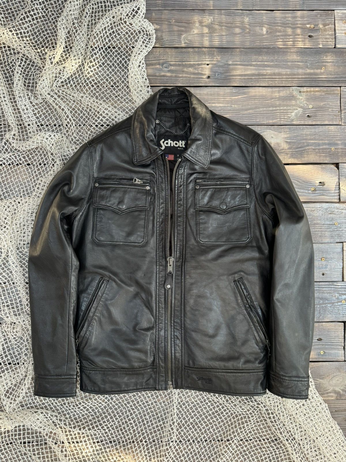 image of Schott Nyc Leather Jacket in Black, Men's (Size Small)