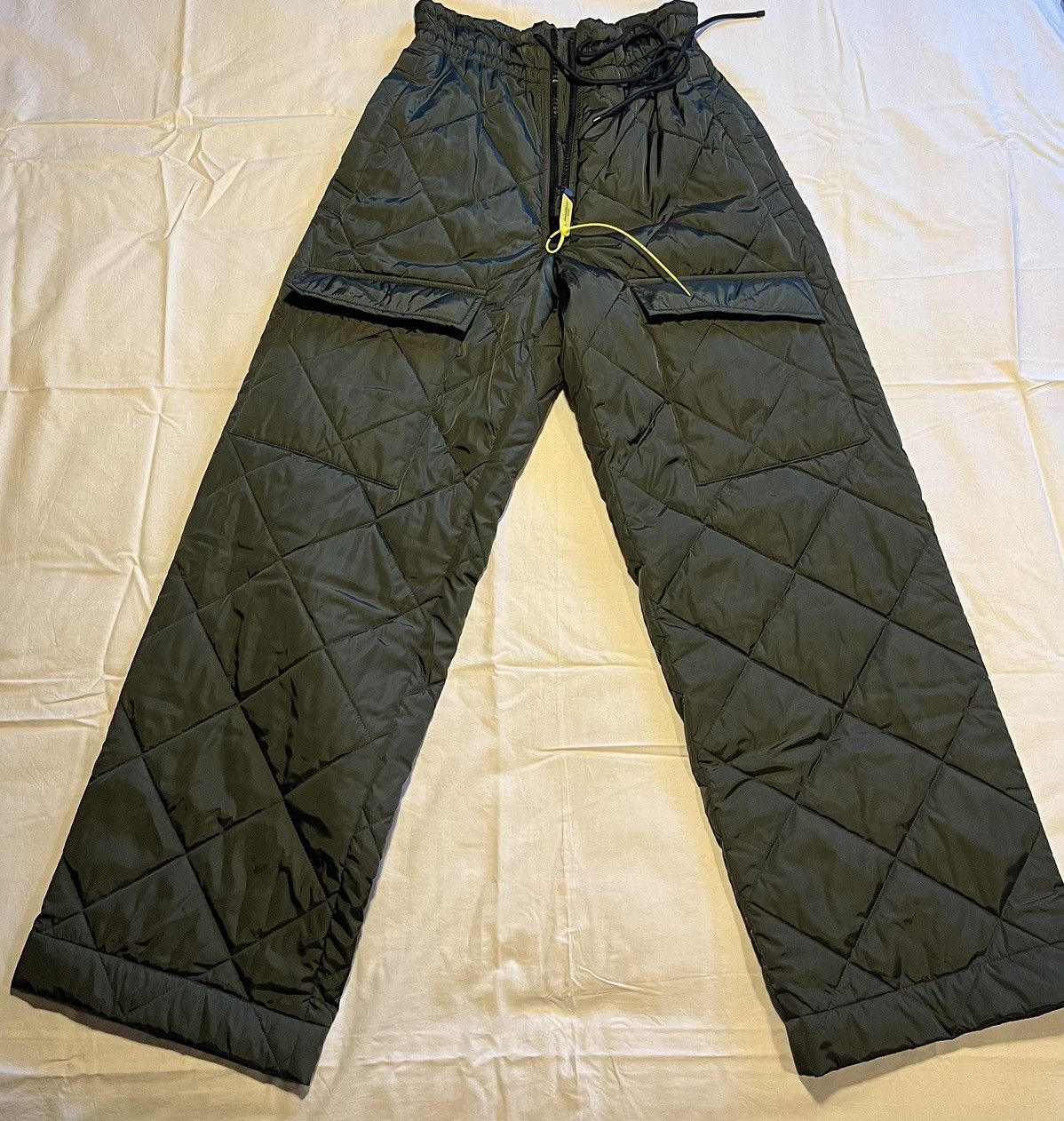 image of Dries Van Noten Quilted Padded Wide Leg Pants in Green, Men's (Size 32)