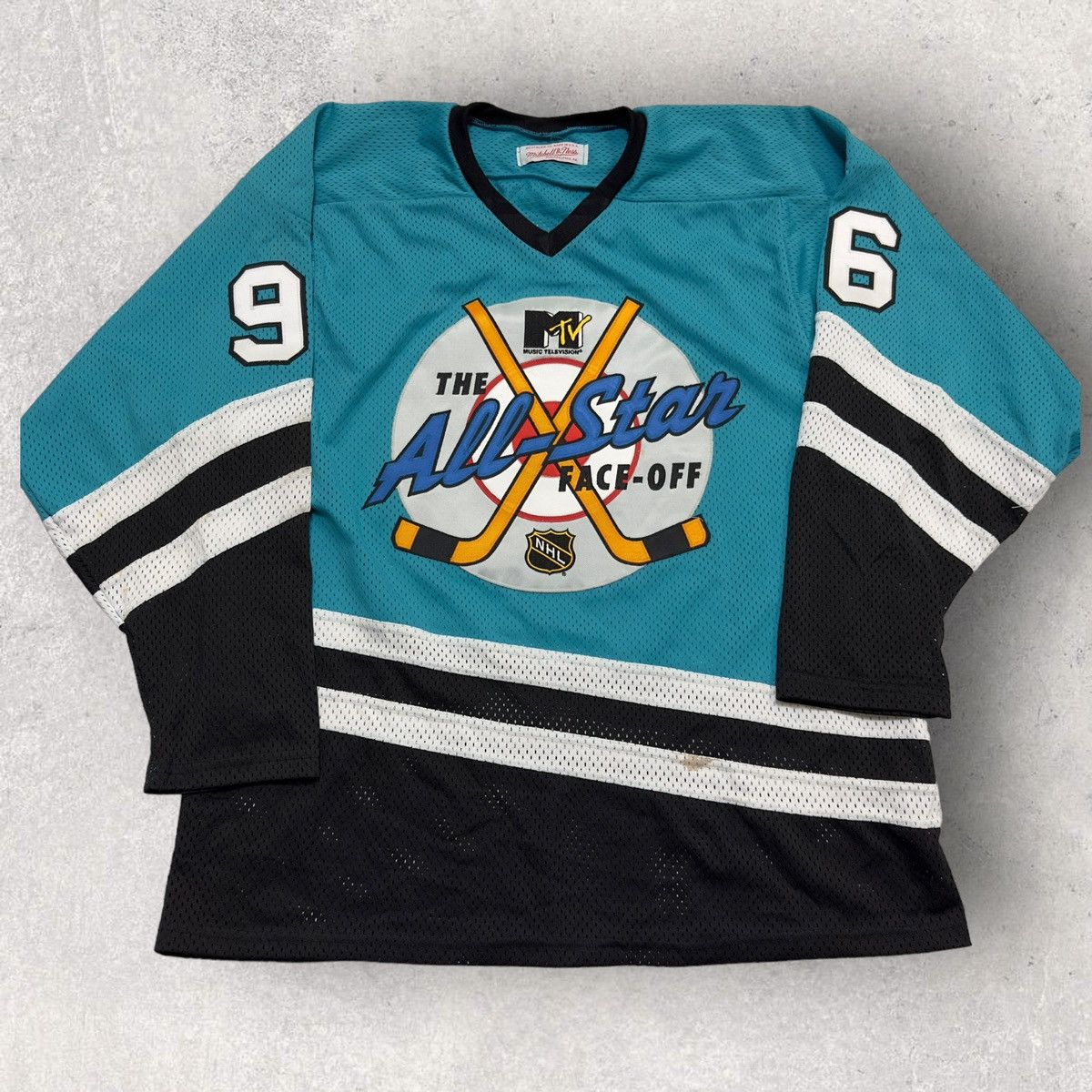 Image of Mitchell Ness x Mtv Vintage 1996 Mtv All Star Face Off Hockey Jersey in Teal, Men's (Size XL)