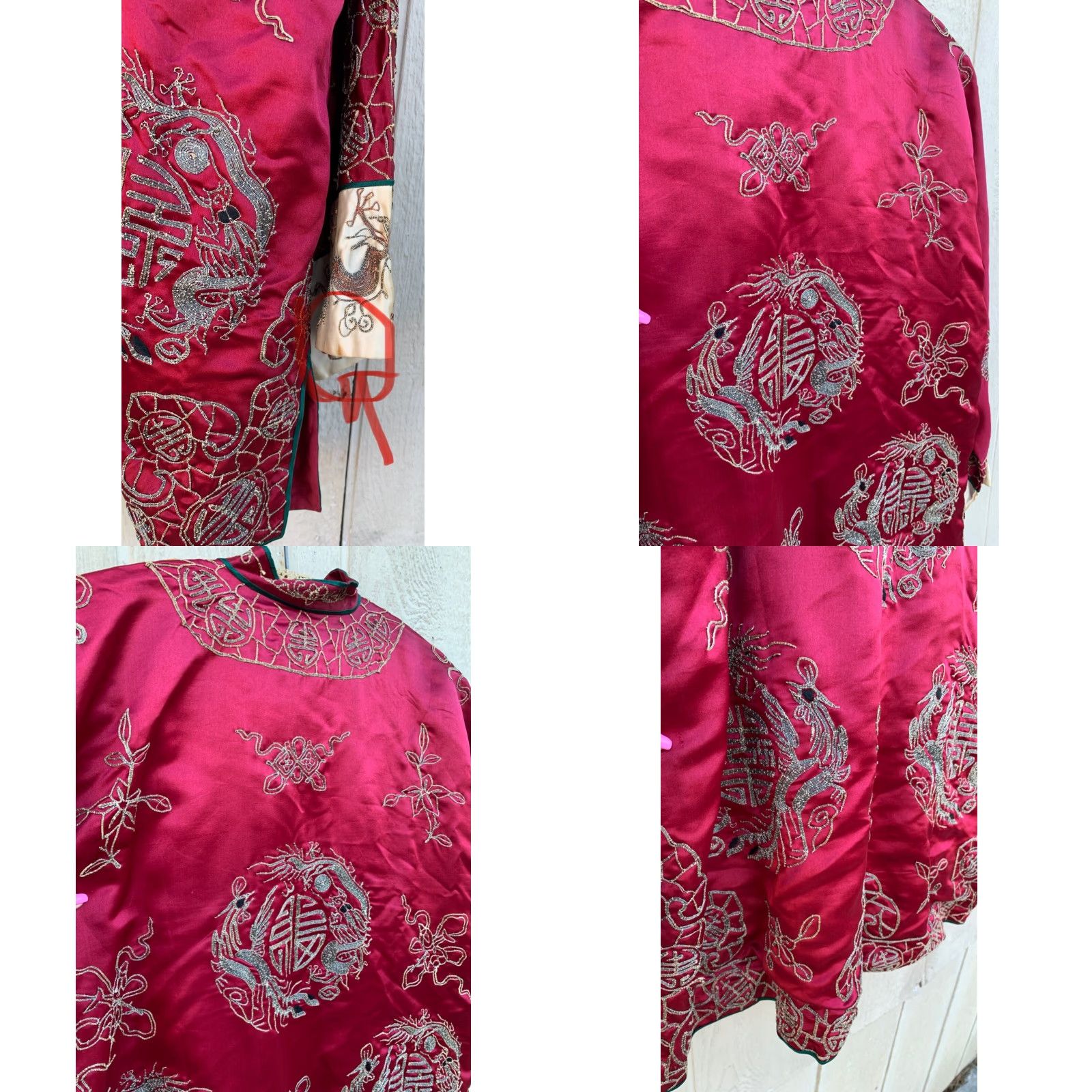 Vintage Vtg Chinese Silk Embroidered Dragon Longevity Shou Jacket Robe Mandarin Collar Jacket/string? Size ONE SIZE - 10 Thumbnail