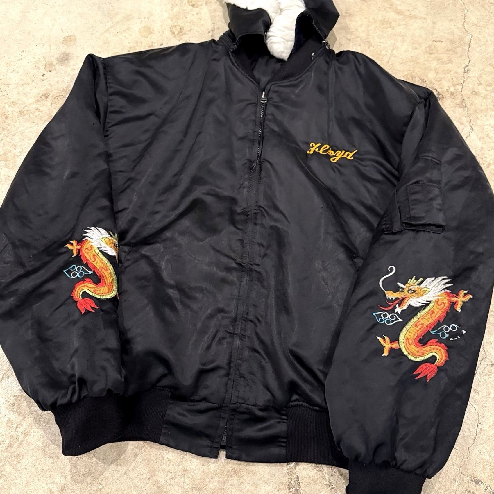 Vintage VTG Souvenir Jacket Flight Bomber Sukajan Dragon Y2K Korean Snorkel Hood XL Jacket Men Black Satin Size US XL / EU 56 / 4 - 4 Thumbnail