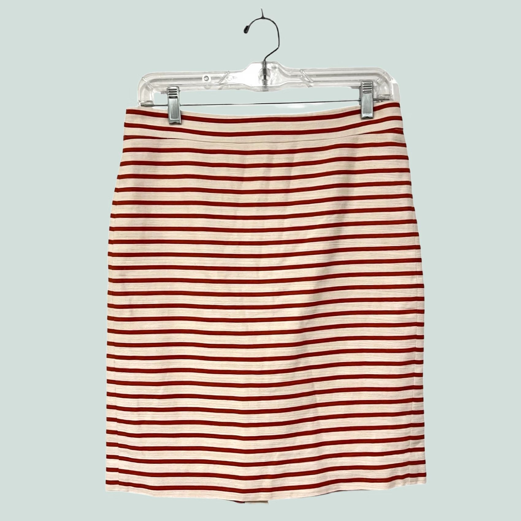 J.Crew J. Crew No 2 Pencil Skirt Size 2 Red Ivory Stripe Knee Length Linen Cotton Skirt Womens Knee Length Striped Autumn Winter Spring Summer 2 Womens Size 26" / US 2 / IT 38 - 1 Thumbnail