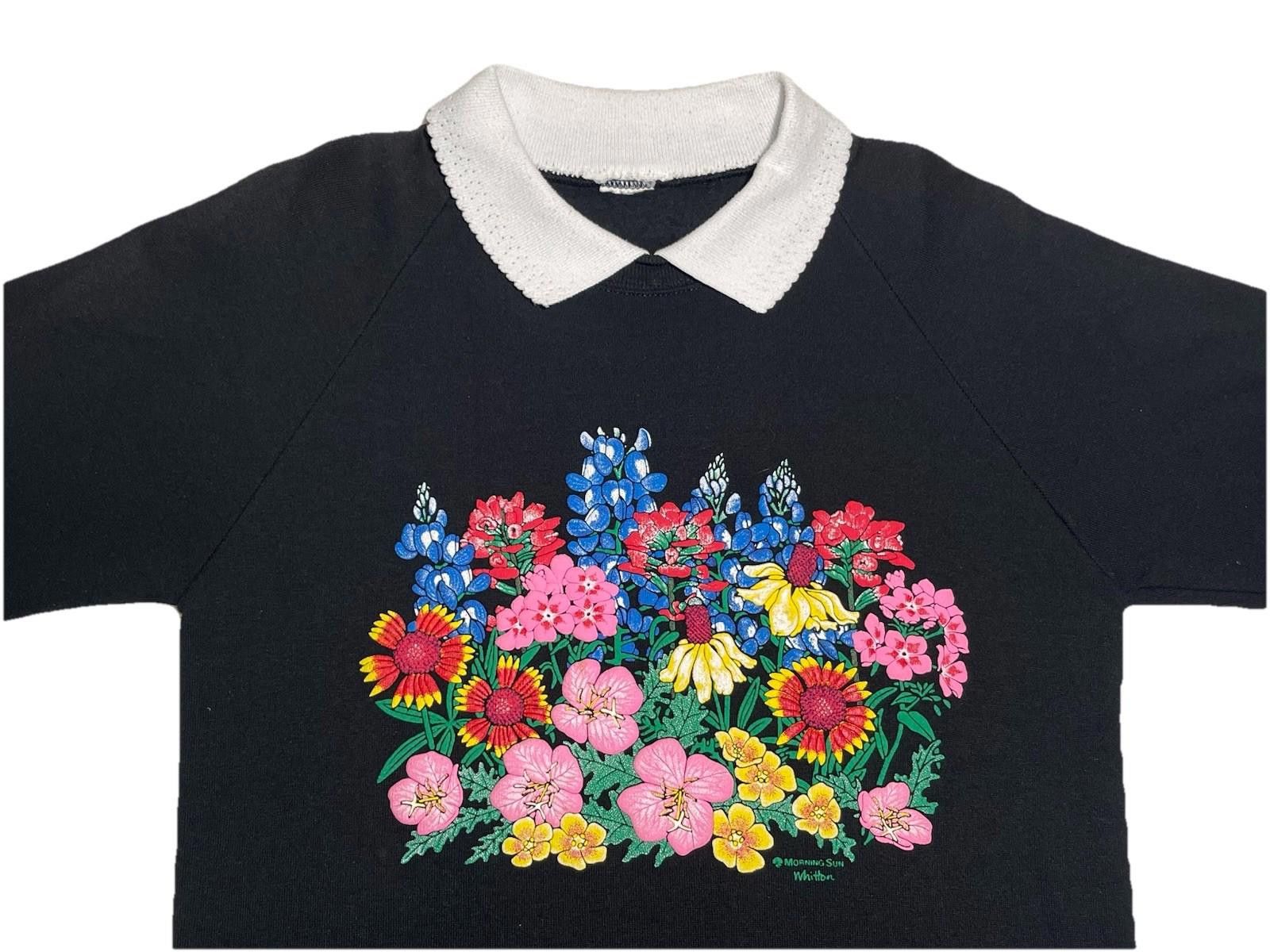 Jerzees 1990s Morning Sun Floral Flower Black Collared Crewneck L Size L / US 10 / IT 46 - 2 Thumbnail