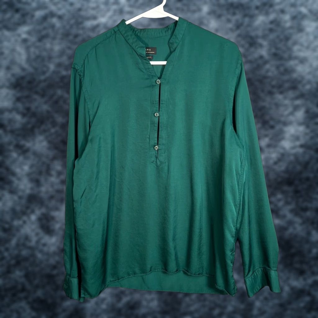 Zara Zara Womens Size Large Green Regular Fit Long Sleeve Button-Up Shirt Size L / US 10 / IT 46 - 1 Thumbnail